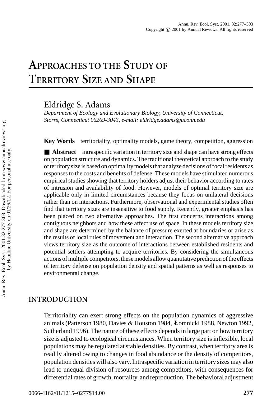 APPROACHES TO THE STUDY OF TERRITORY SIZE AND SHAPE by Eldridge S. Adams