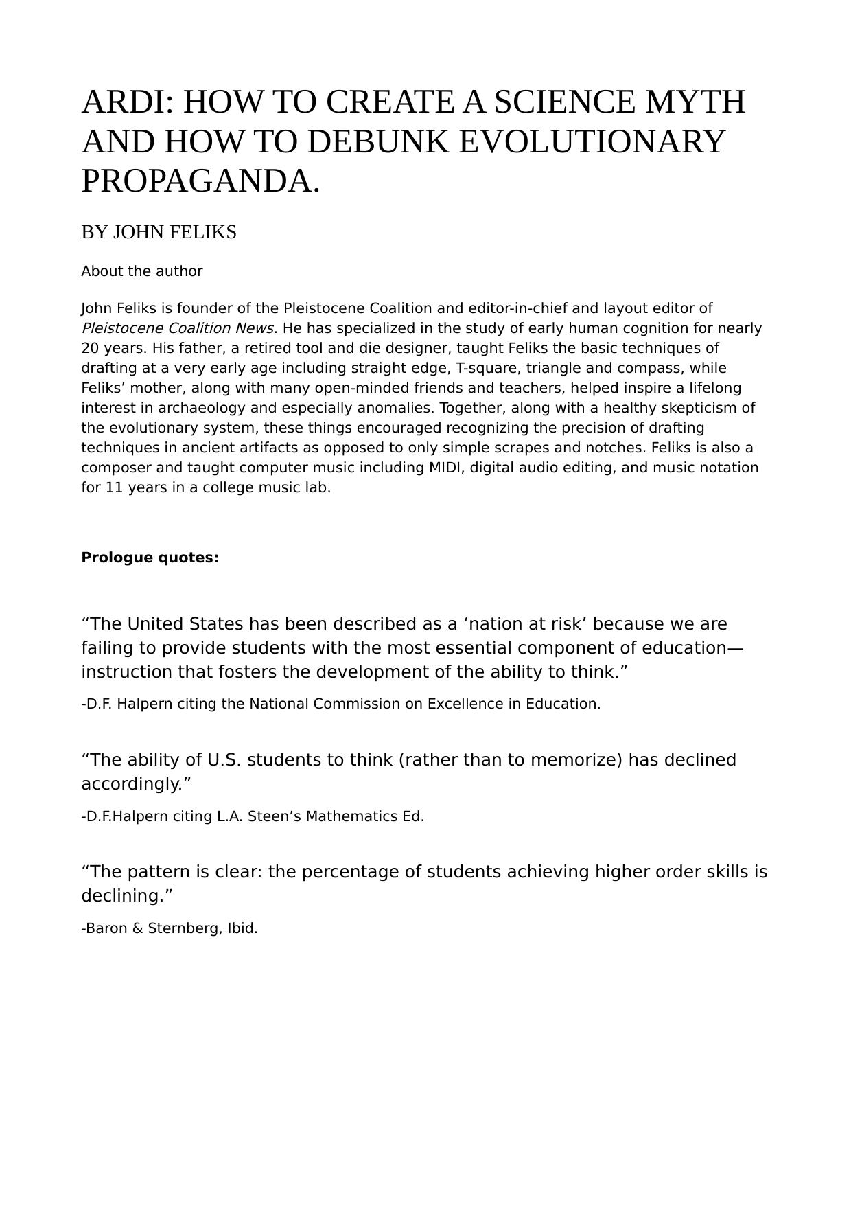 ARDI: HOW TO CREATE A SCIENCE MYTH AND HOW TO DEBUNK EVOLUTIONARY PROPAGANDA by John Feliks