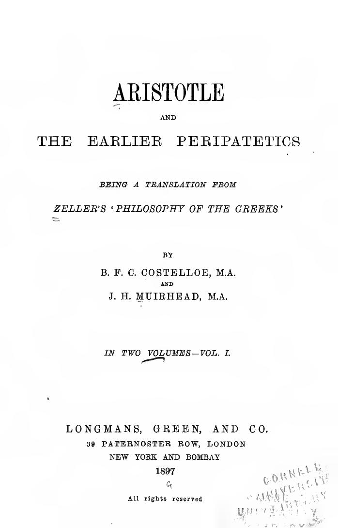 ARISTOTLE AND THE EARLIER PERIPATETICS by Eduard Zeller B.F.C.Costelloe