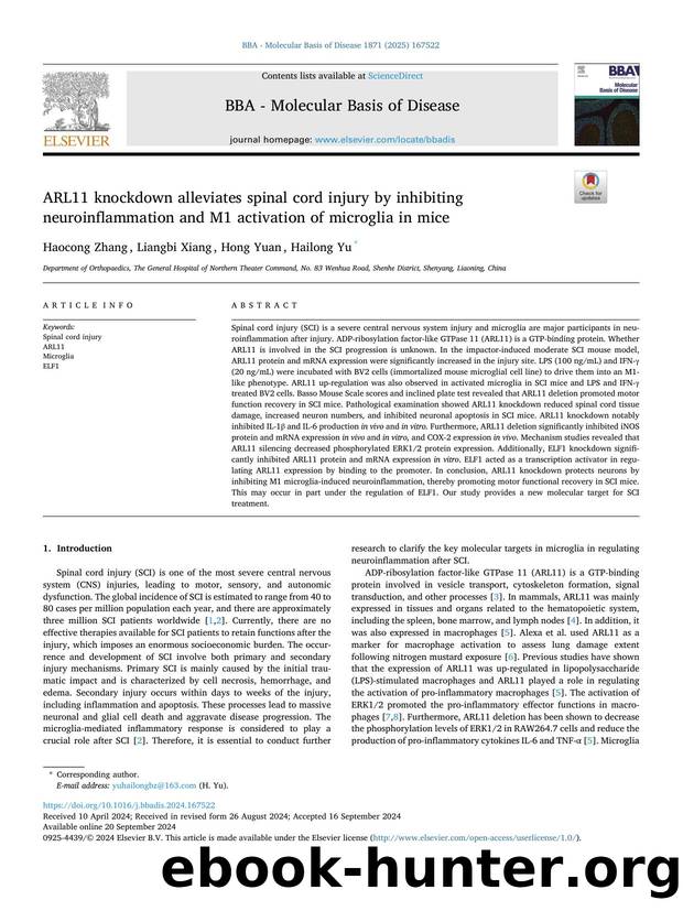 ARL11 knockdown alleviates spinal cord injury by inhibiting neuroinflammation and M1 activation of microglia in mice by Haocong Zhang & Liangbi Xiang & Hong Yuan & Hailong Yu