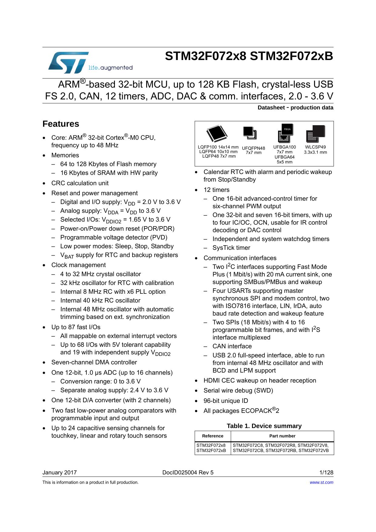 ARMÂ®-based 32-bit MCU, up to 128 KB Flash, crystal-less USB FS 2.0, CAN, 12 timers, ADC, DAC & comm. interfaces, 2.0 - 3.6 V by STMICROELECTRONICS