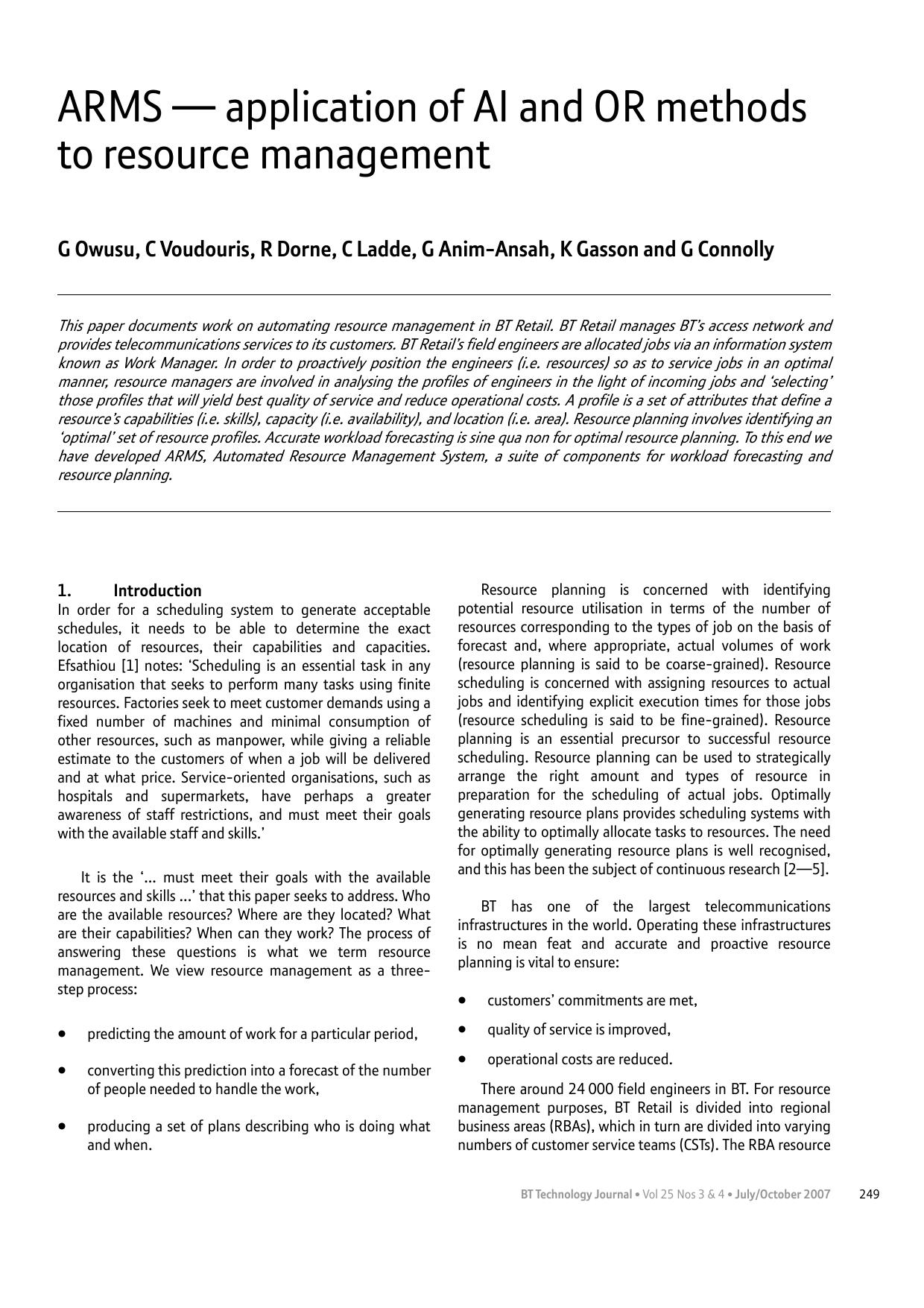 ARMS — application of AI and OR methods to resource management by Unknown