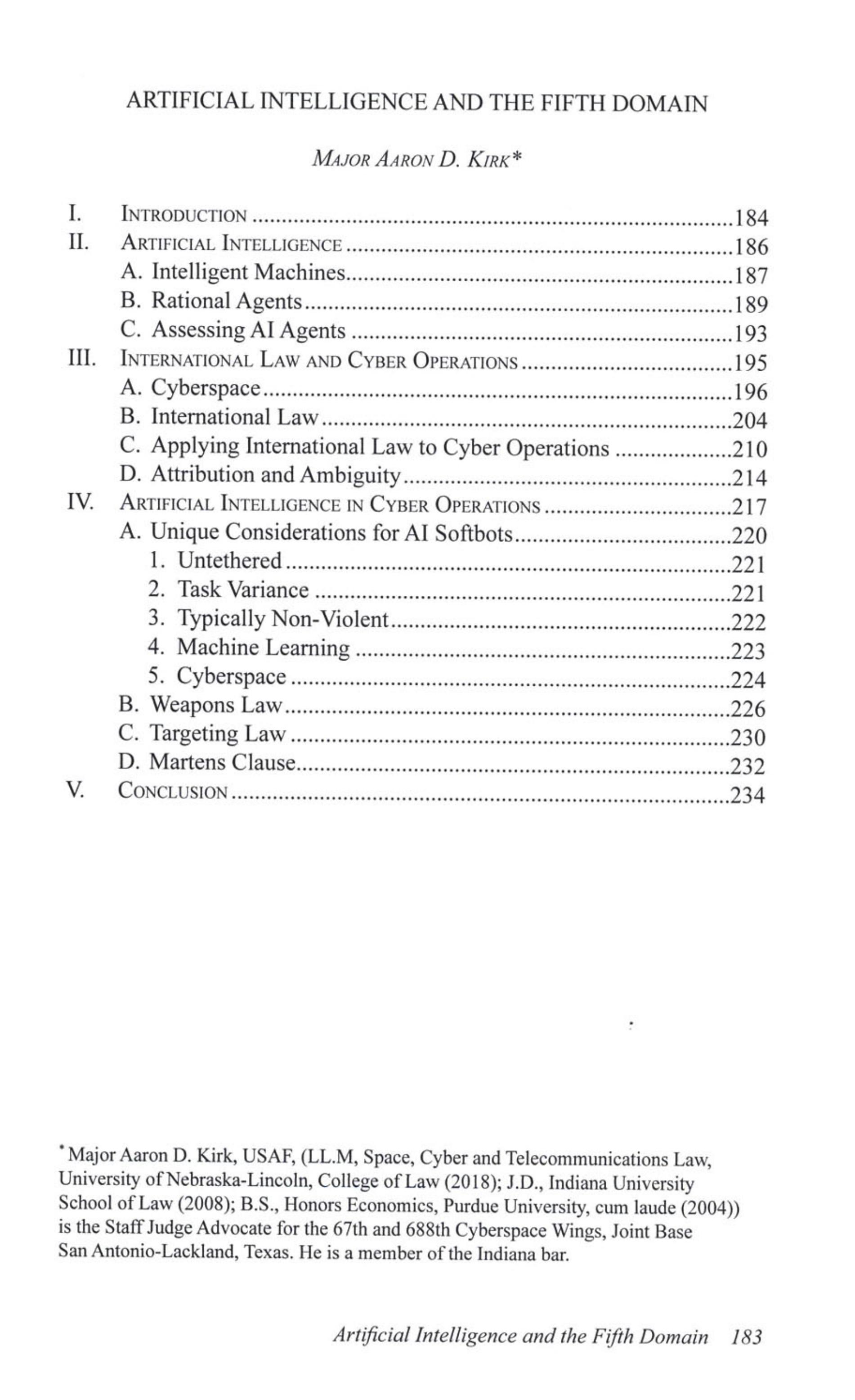 ARTIFICIAL INTELLIGENCE AND THE FIFTH DOMAIN by AARON D. KIRK