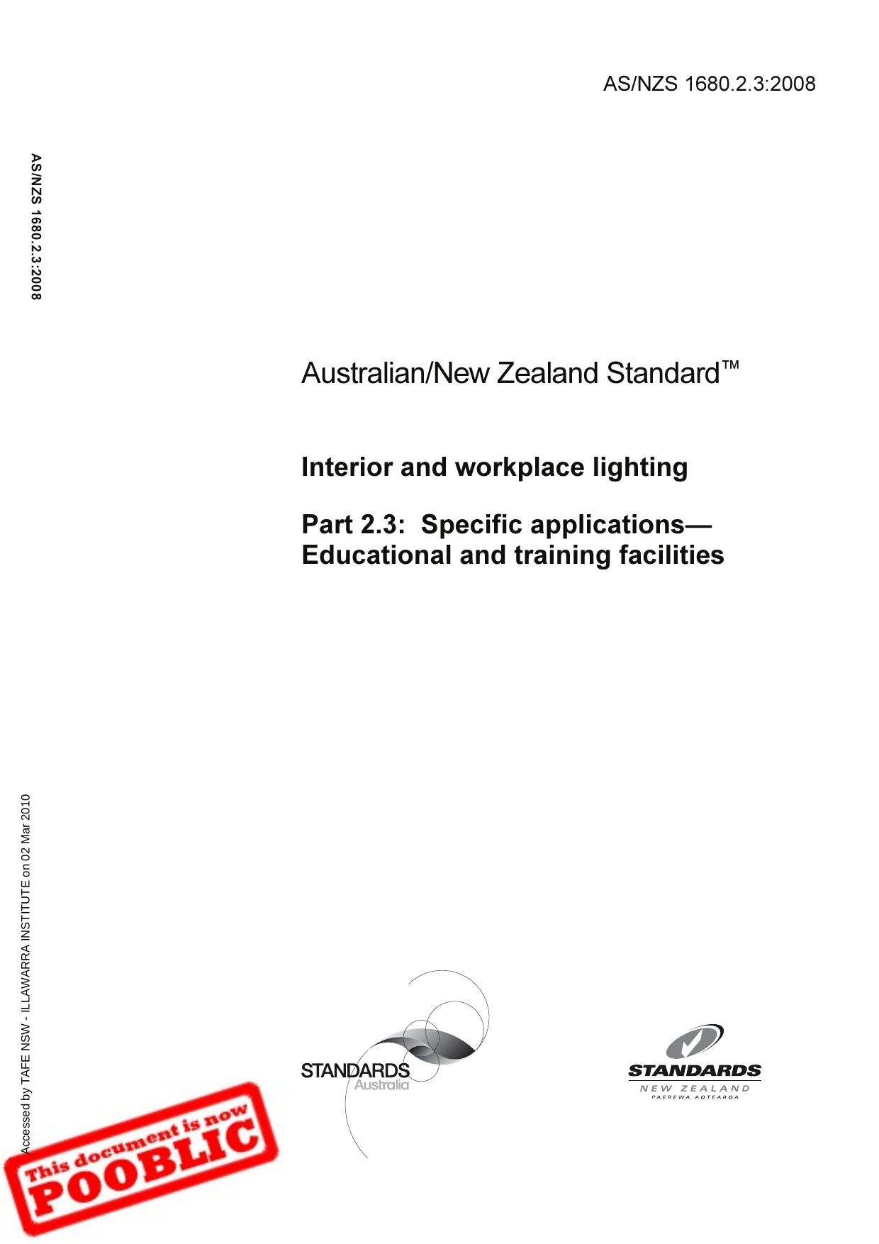 ASNZS 1680.2.3:2008 Interior and workplace lighting - Specific applicationsâEducational and training facilities by Standards Australia