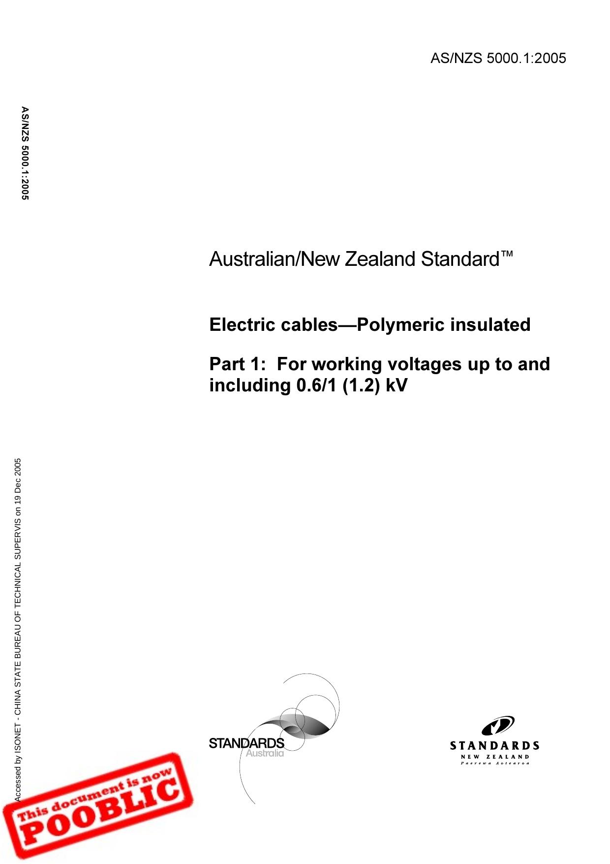 ASNZS 5000.1:2005 Electric cables - Polymeric insulated - For working voltages up to and including 0.61 (1.2) kV by Standards Australia