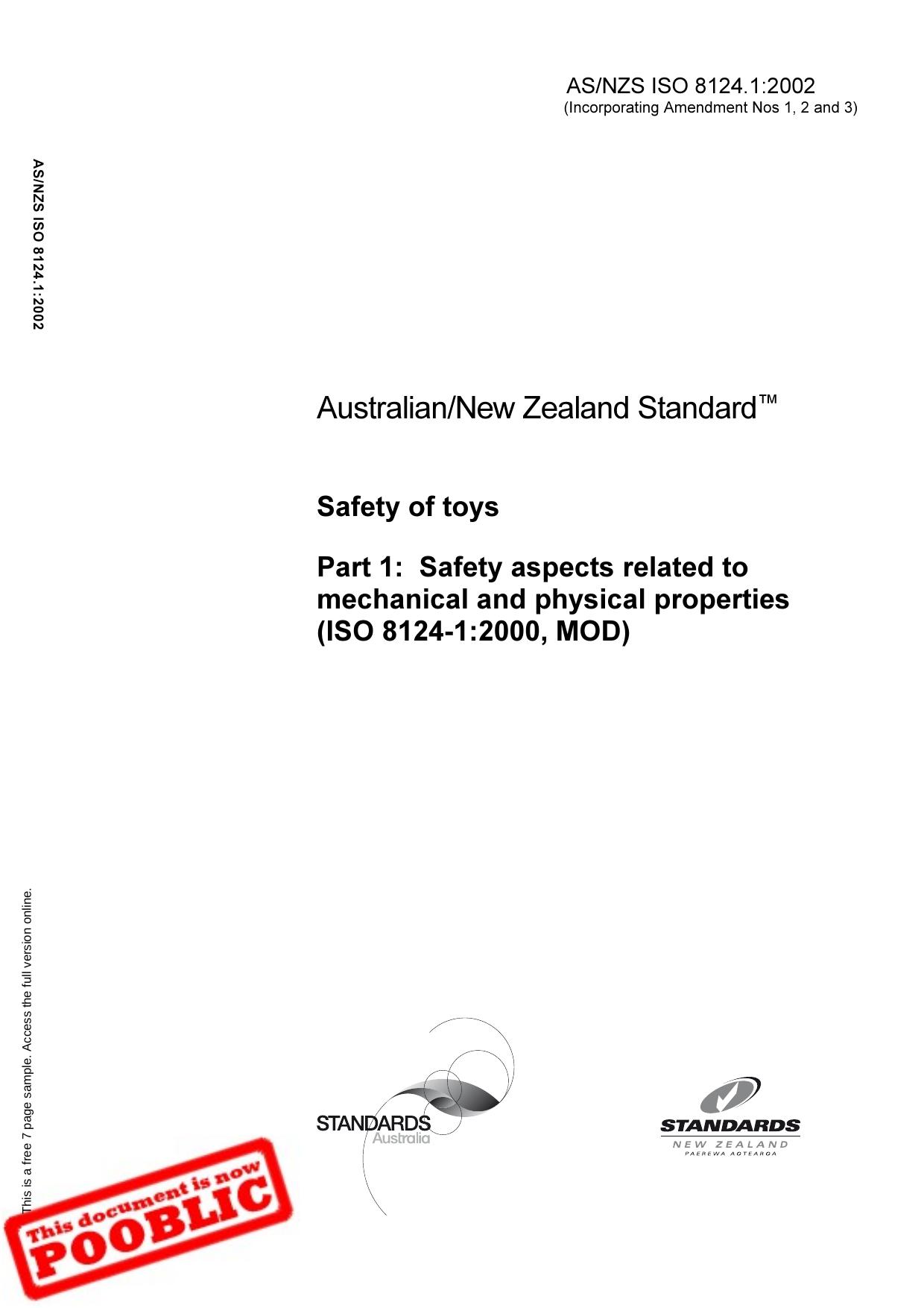 ASNZS ISO 8124.1:2002 Amendment No. 3 Safety of toys Part 1: Safety aspects related to mechanical and physical properties (ISO 8124-1:2000, MOD) by Standards Australia