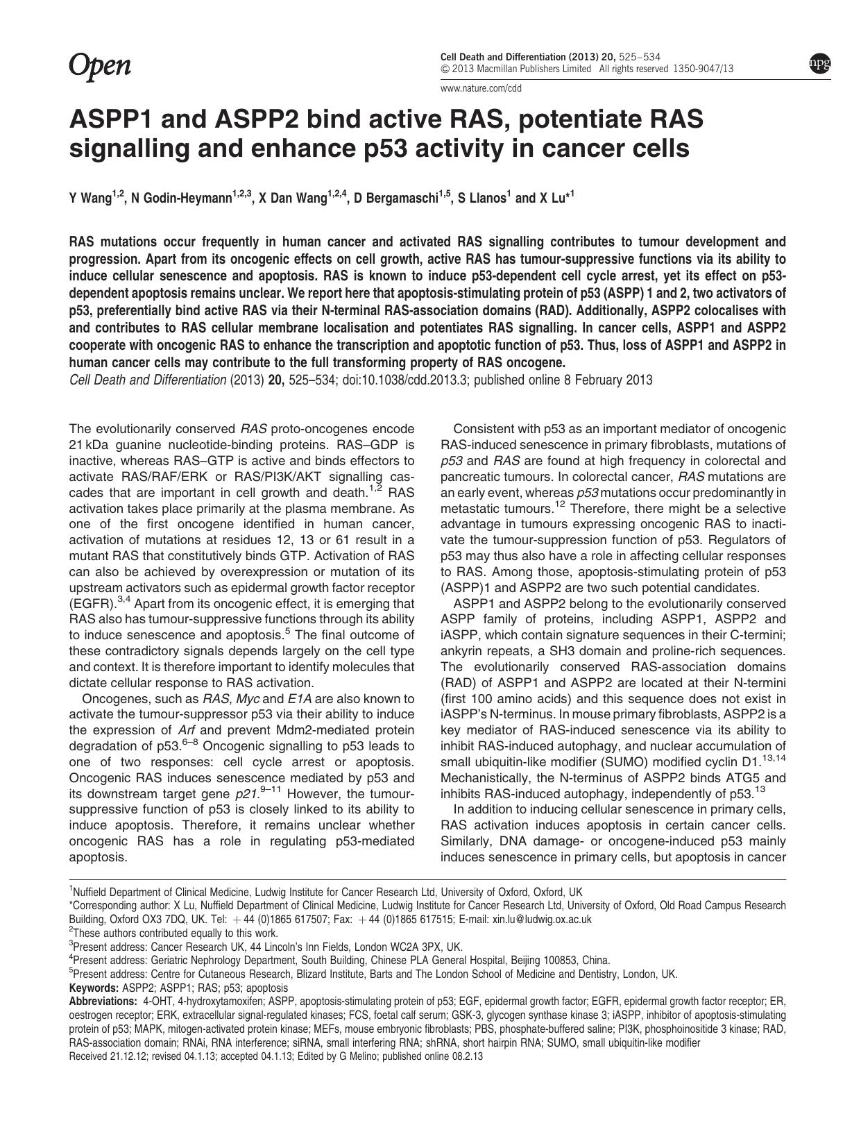 ASPP1 and ASPP2 bind active RAS, potentiate RAS signalling and enhance p53 activity in cancer cells by Y Wang & N Godin-Heymann & X Dan Wang & D Bergamaschi & S Llanos & X Lu