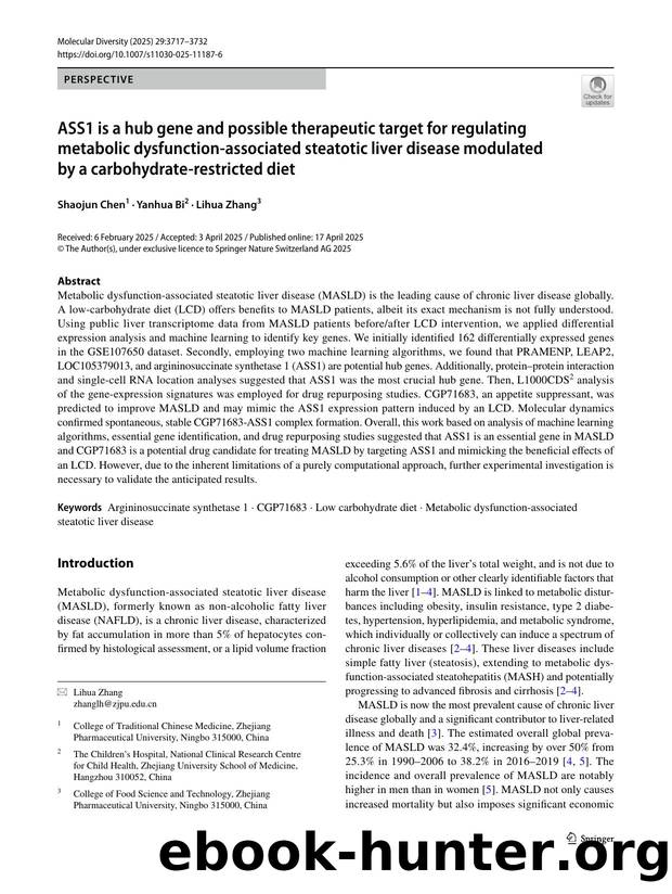 ASS1 is a hub gene and possible therapeutic target for regulating metabolic dysfunction-associated steatotic liver disease modulated by a carbohydrate-restricted diet by Shaojun Chen & Yanhua Bi & Lihua Zhang