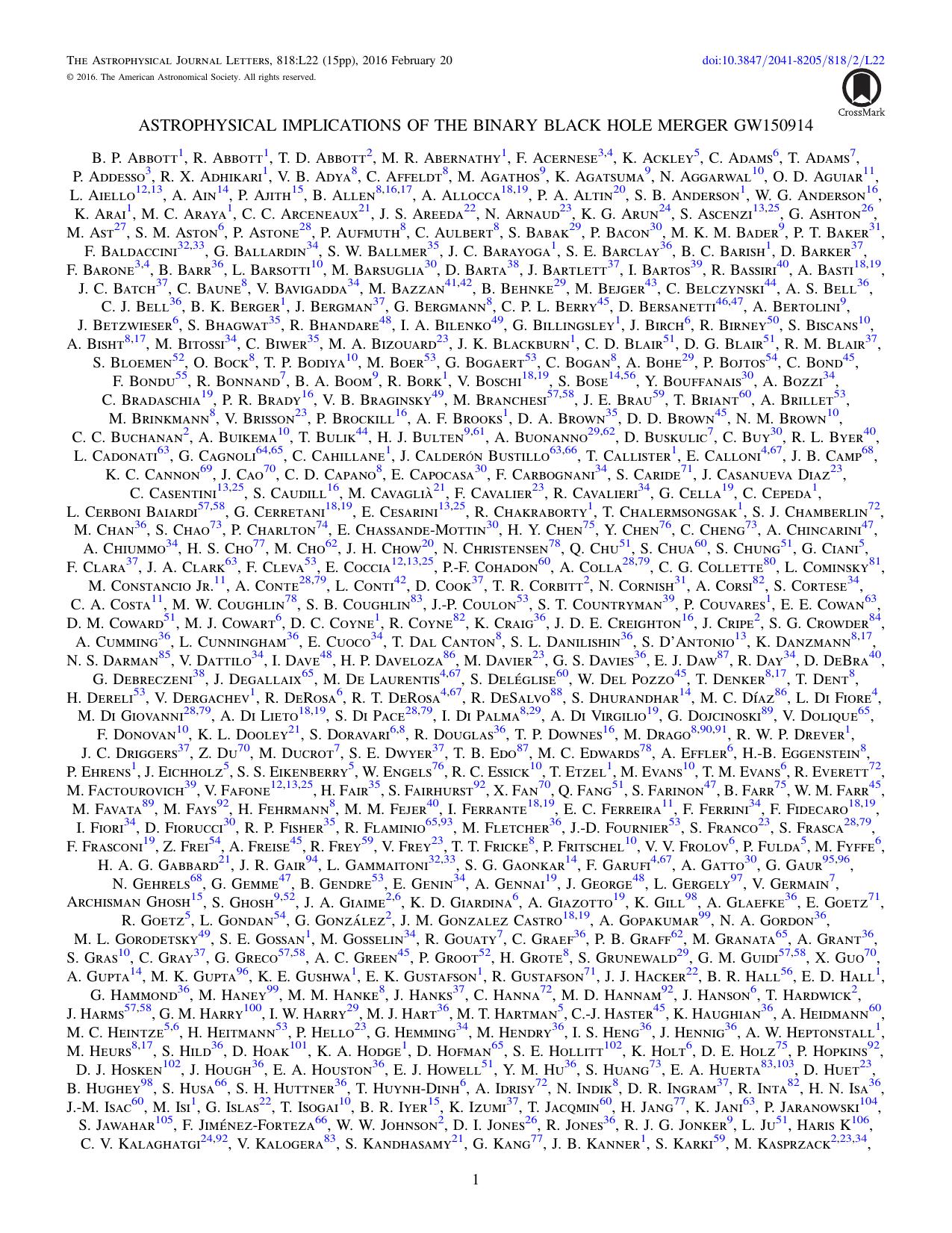 ASTROPHYSICAL IMPLICATIONS OF THE BINARY BLACK HOLE MERGER GW150914 by unknow