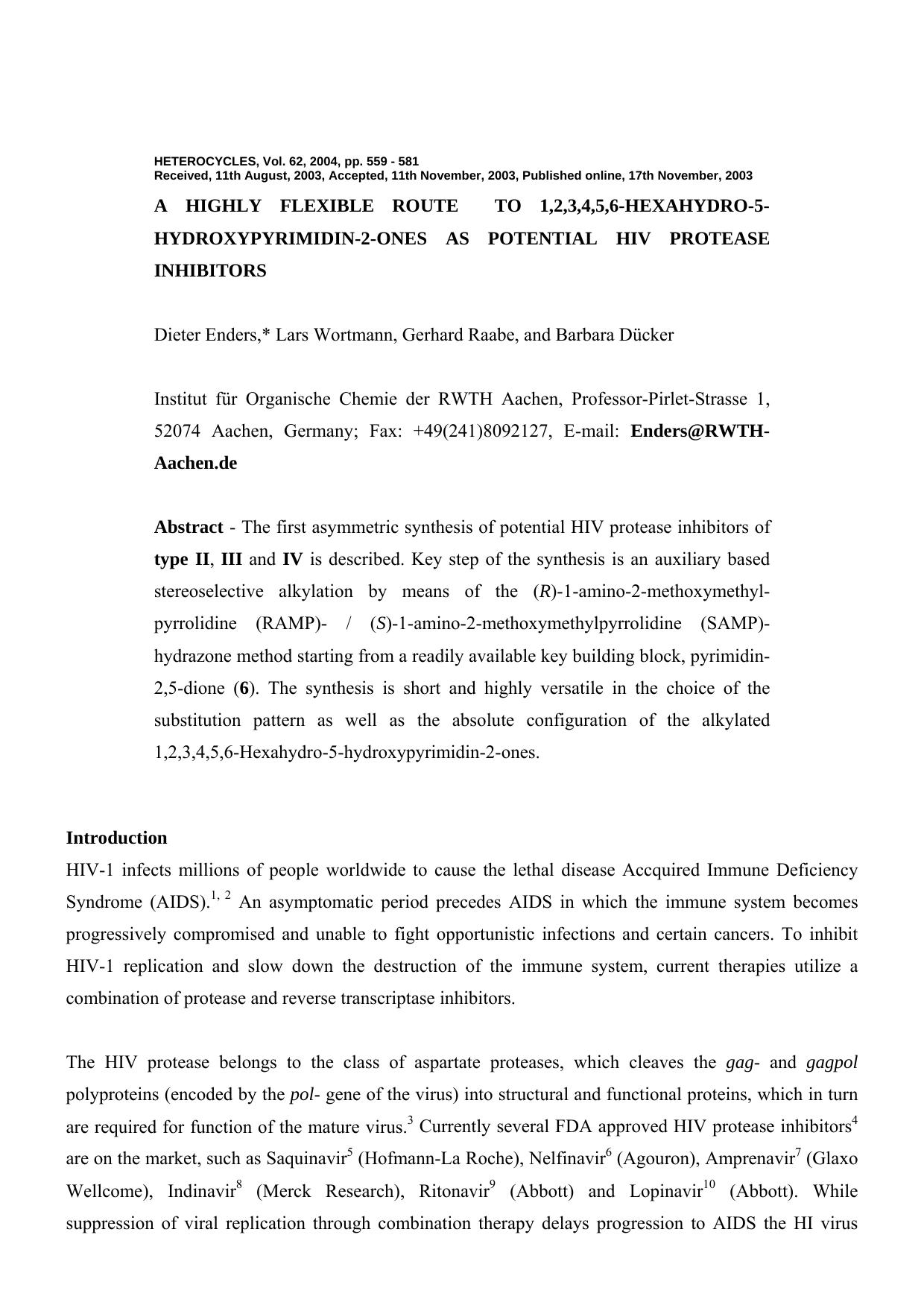 ASYMMETRIC SYNTHESIS OF POTENTIAL HIV-PROTEASE-INHIBITORS CONTAINING CYCLIC UREA MOIETIES by Lars Wortmann