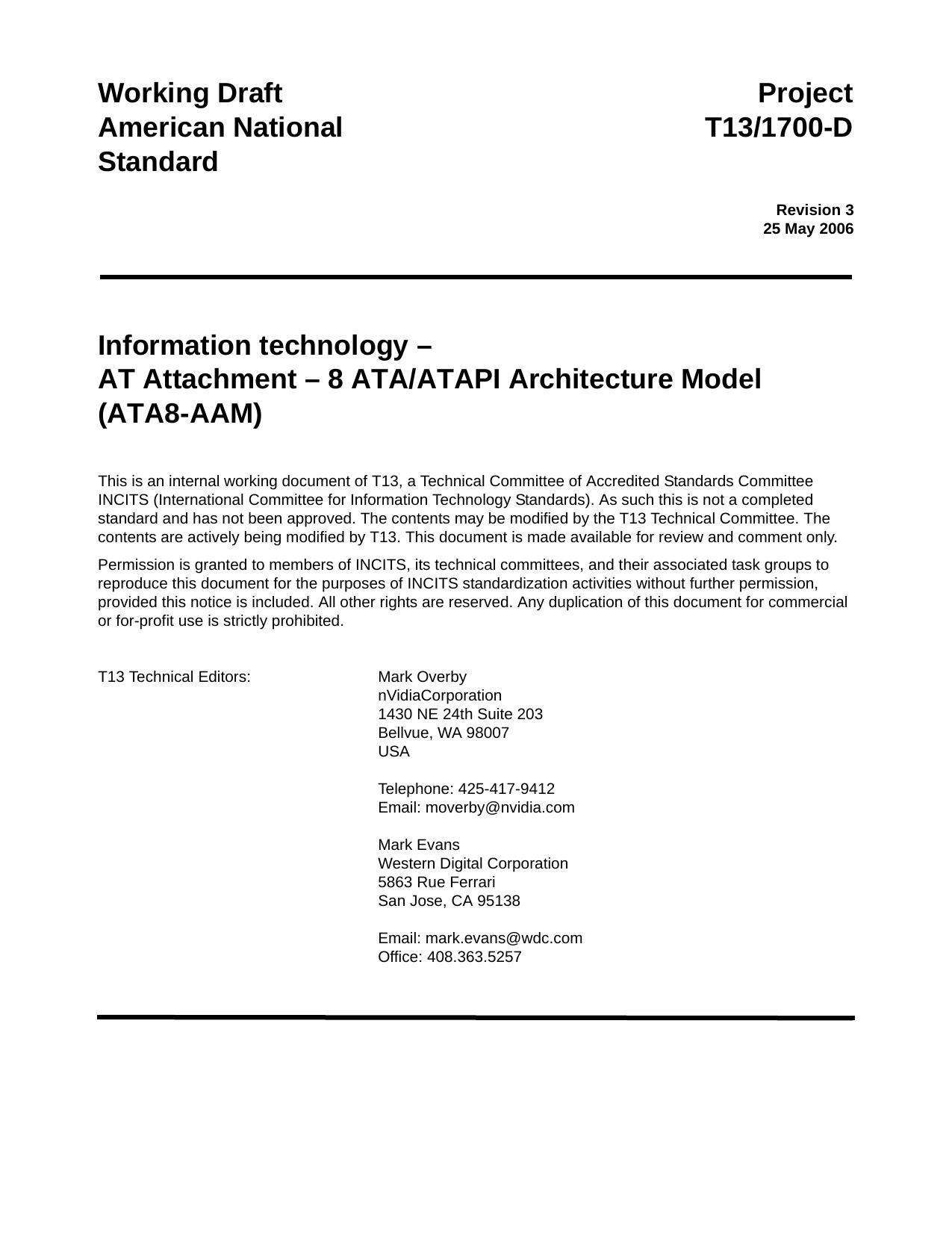 AT Attachment - 8 ATA/ATAPI Architecture Model (ATA8-AAM r3) by INCITS Technical Committee T13