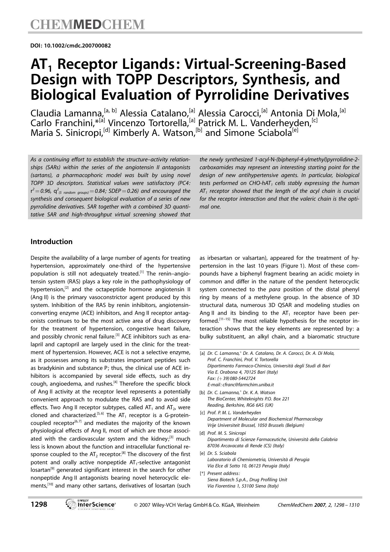 AT1 Receptor Ligands: Virtual-Screening-Based Design with TOPP Descriptors, Synthesis, and Biological Evaluation of Pyrrolidine Derivatives by Unknown
