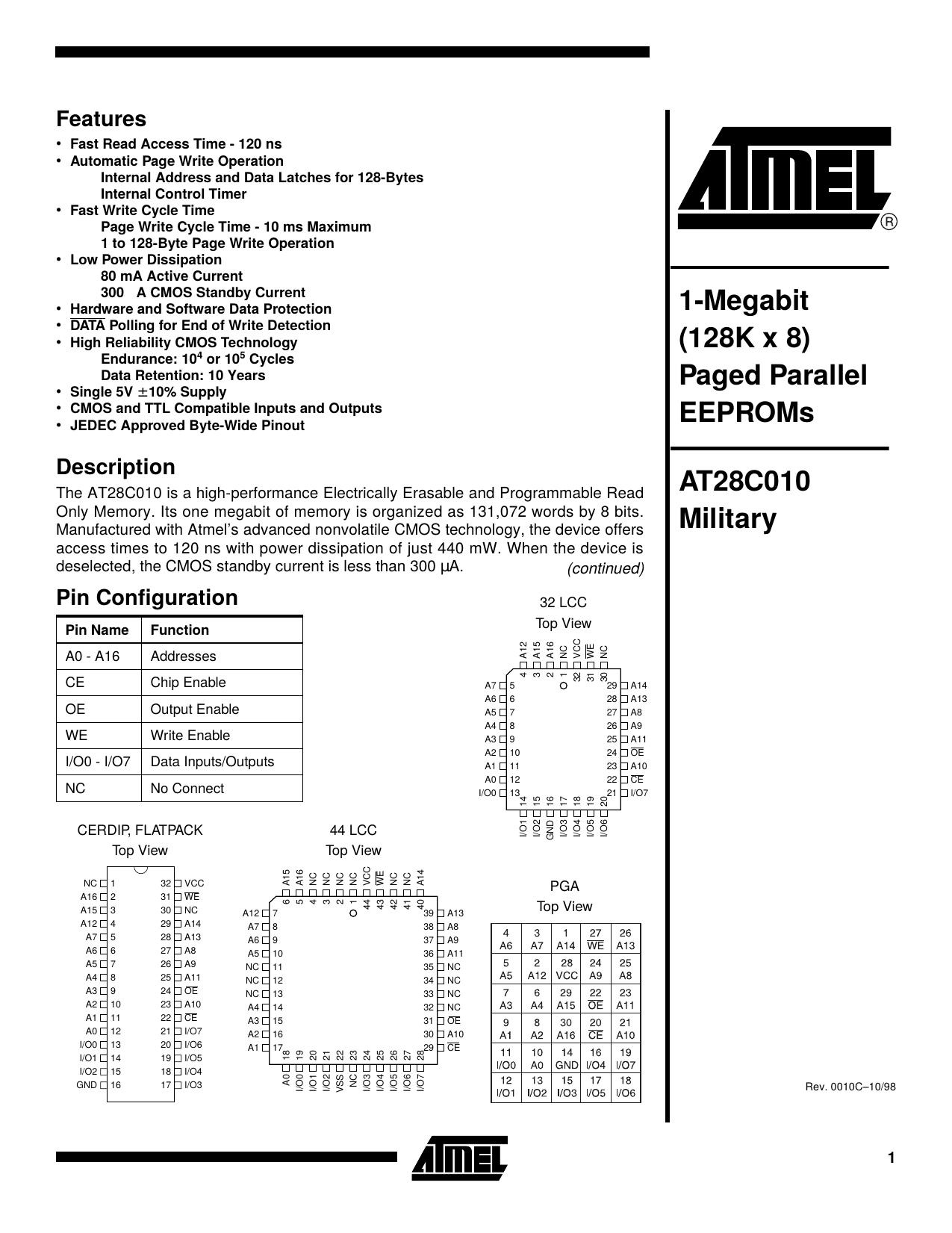 AT28C010 Military 1-Megabit (128K x 8) Paged Parallel EEPROMs by Unknown