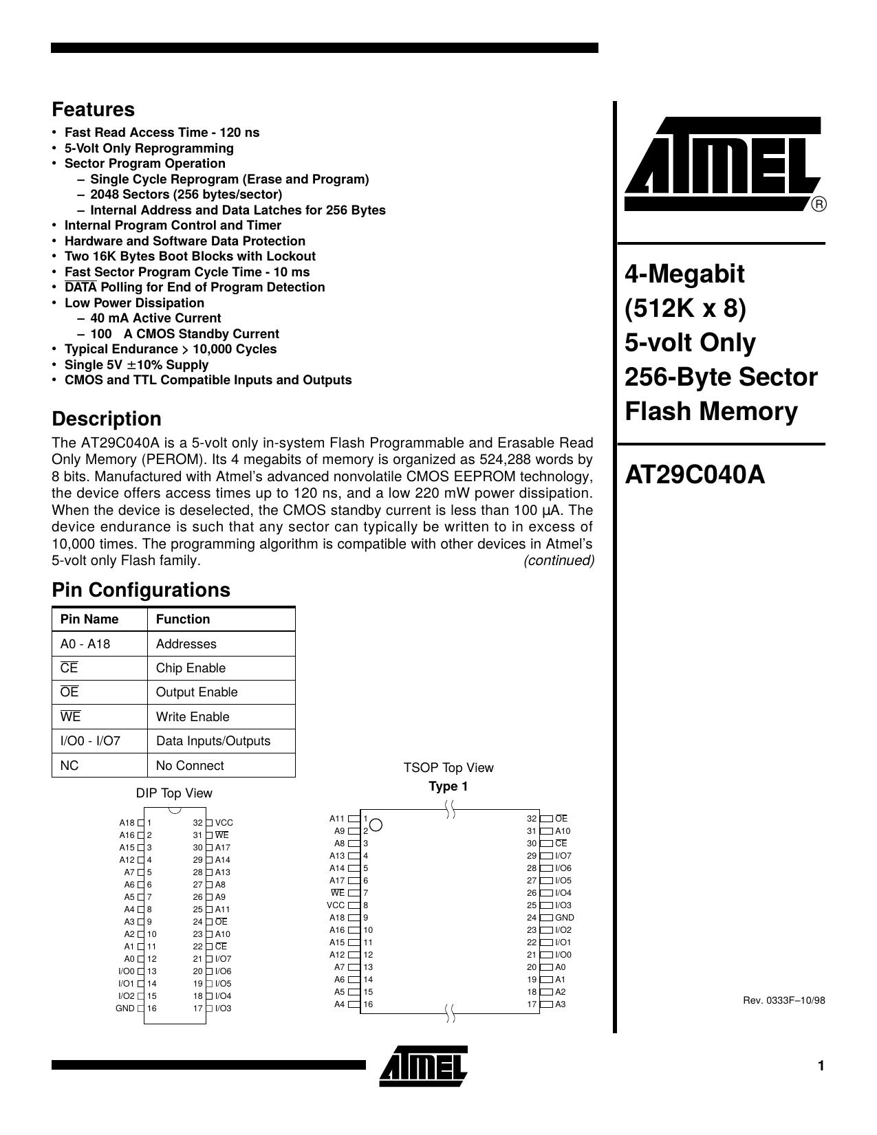 AT29C040A 4-Megabit (512K x 8) 5-volt Only 256-Byte Sector Flash Memory by Unknown