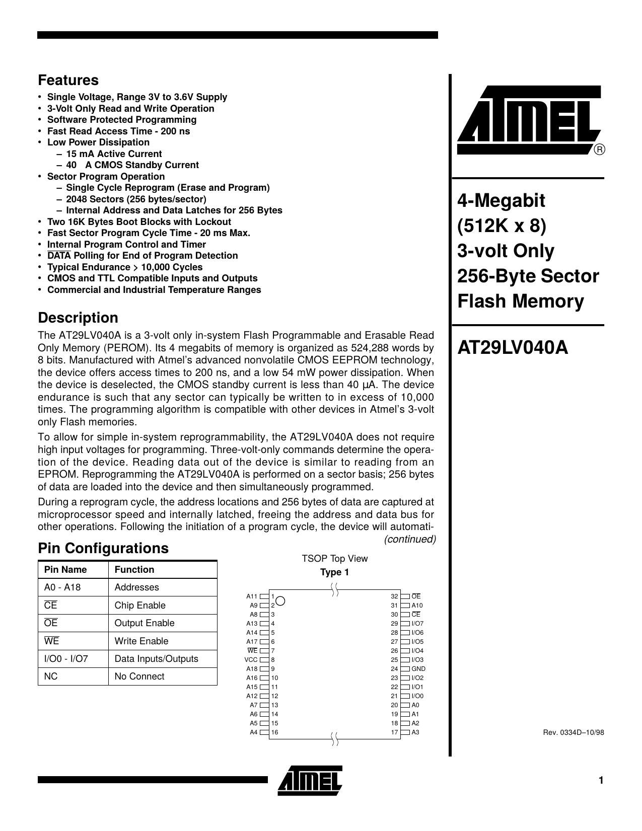 AT29LV040A 4-Megabit (512K x 8) 3-volt Only 256-Byte Sector Flash Memory by Unknown