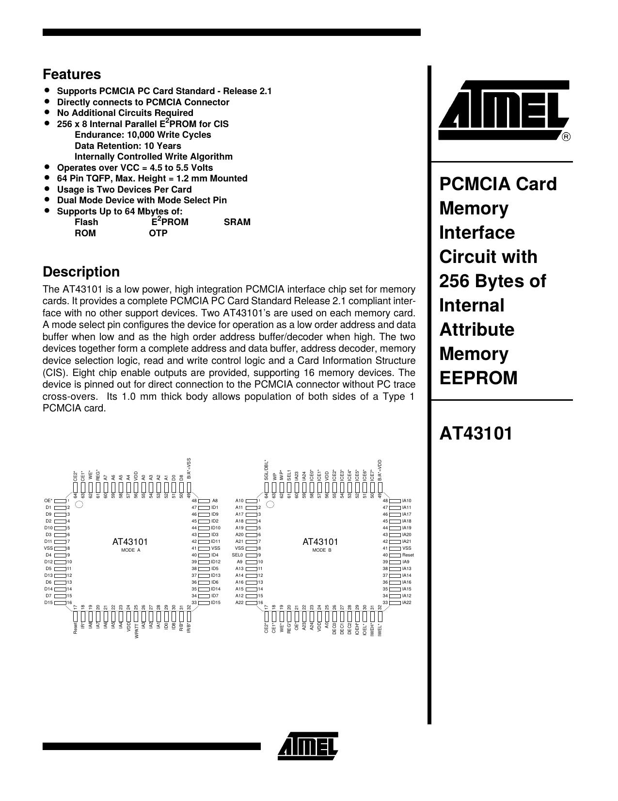 AT43101 - PCMCIA Card Memory Interface Circuit with 256 Bytes of Internal Attribute Memory EEPROM by Unknown