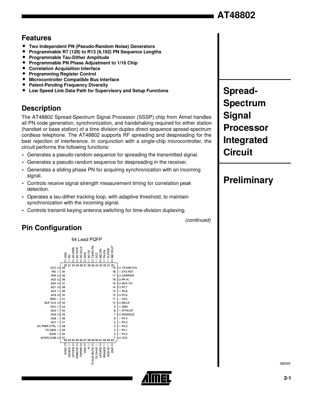 AT48802 - Spread-Spectrum Signal Processor Integrated Circuit - Preliminary by Unknown