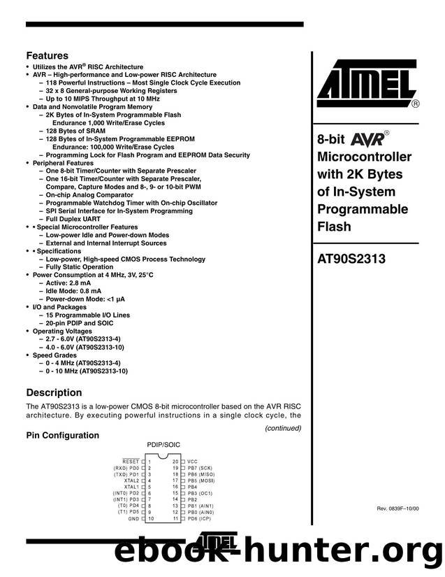 AT90S2313, 8-bit AVR MCU with 2K Bytes of In-System Programmable Flash by Atmel Corporation