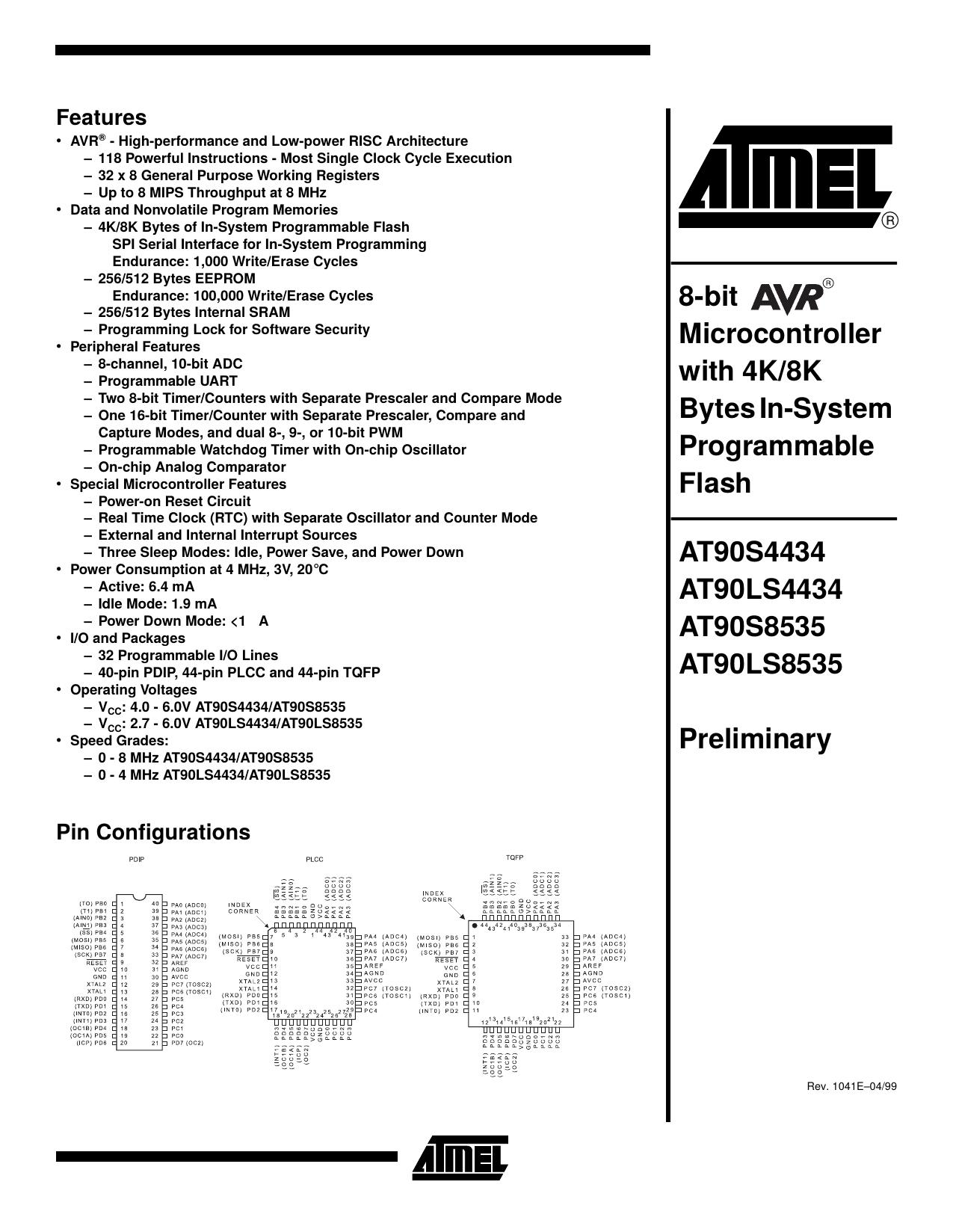 AT90S4434LS4434, AT90S8535LS8535 8-bit AVR Microcontroller with 4K8K Bytes In-System Programmable Flash by Atmel Corporation