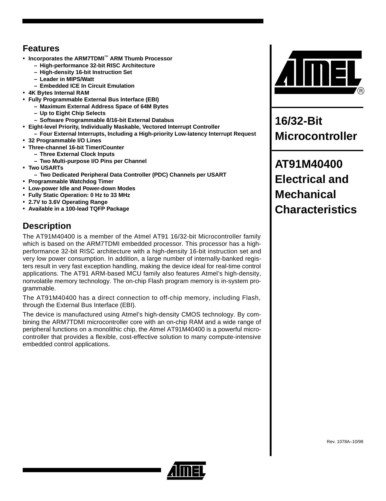 AT91M40400 Electrical and Mechanical Characteristics 1632-Bit MCU by Unknown