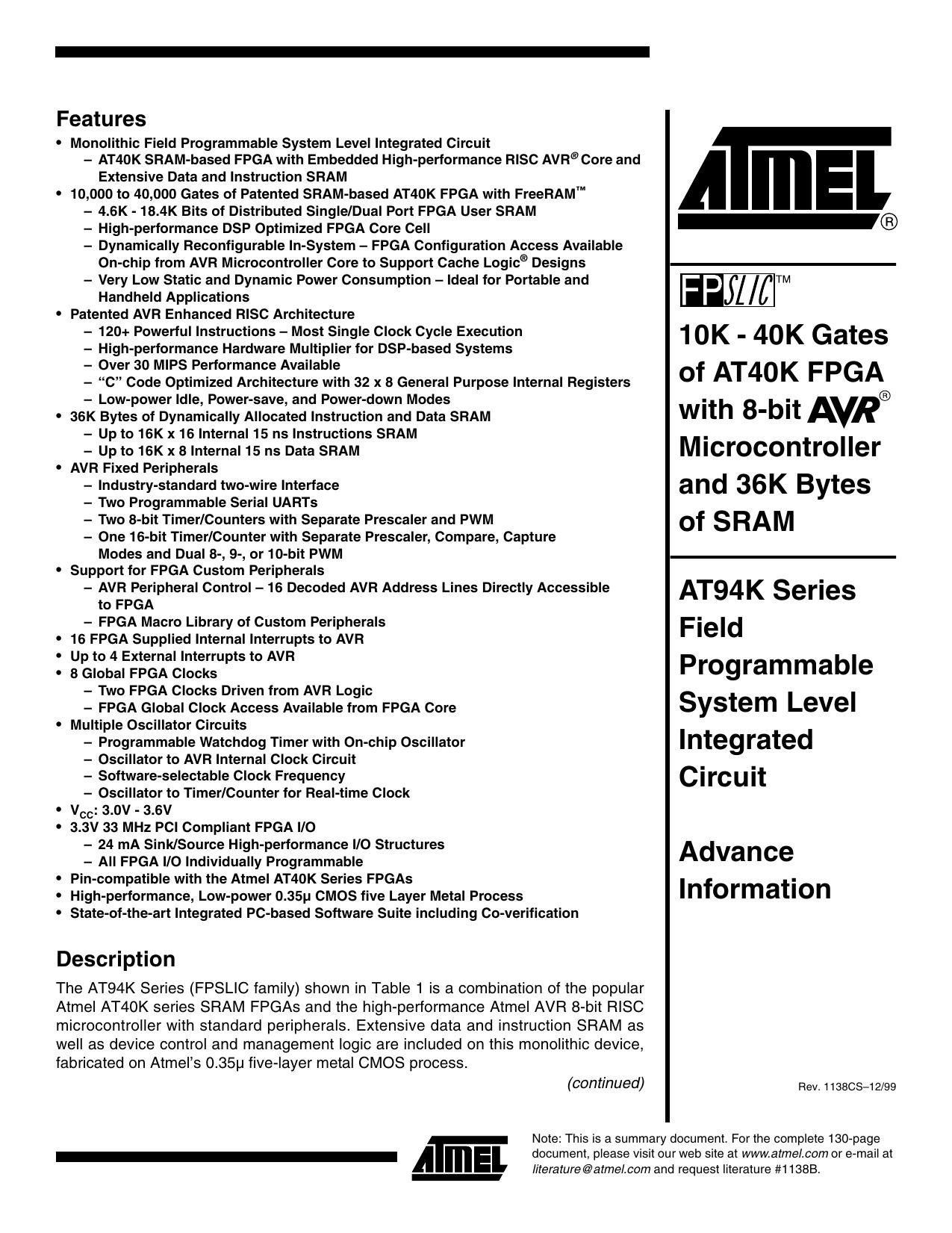 AT94K Series Field Programmable System Level Integrated Circuit Summary by Atmel Corporation