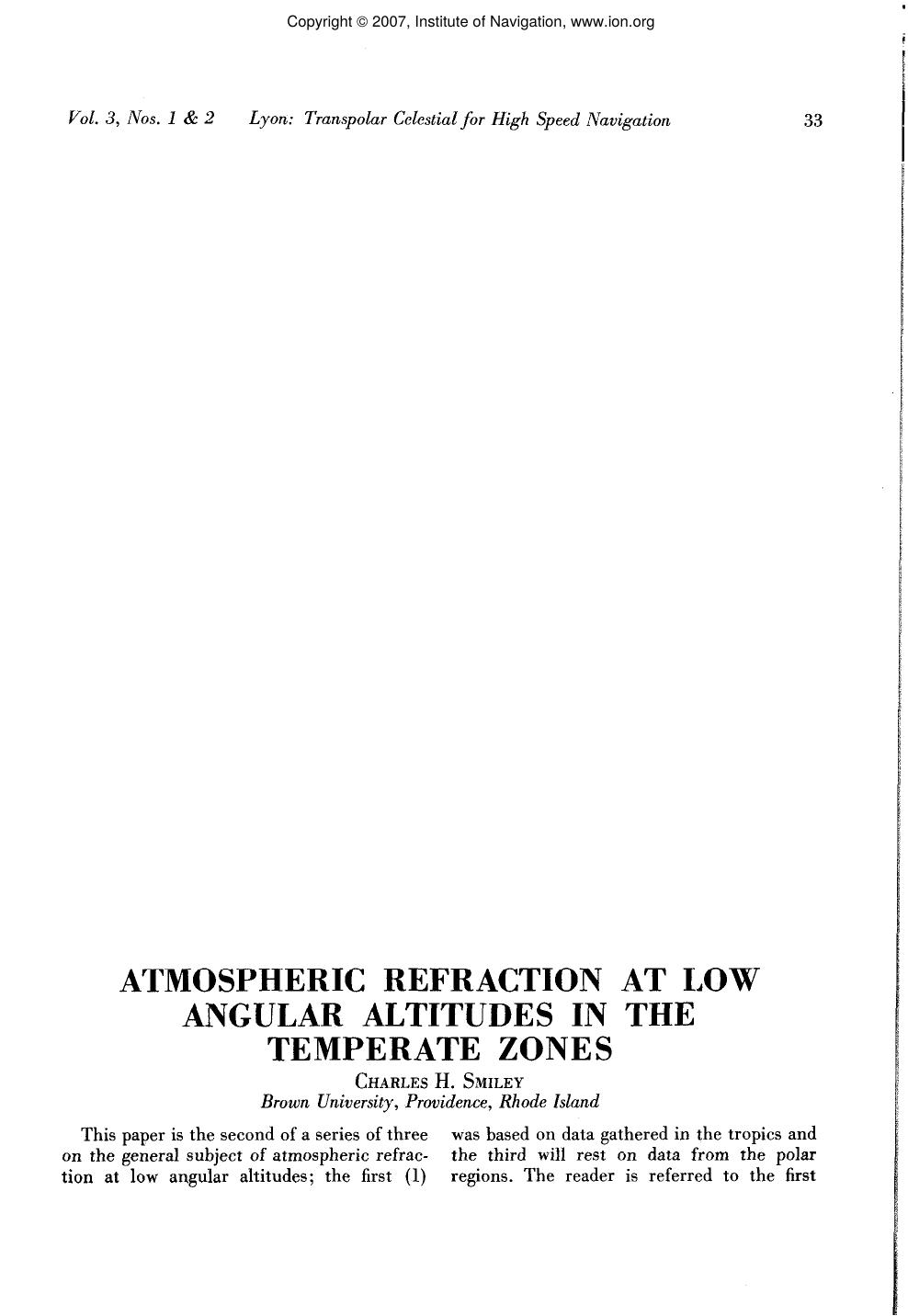 ATMOSPHERIC REFRACTION AT LOW ANGULAR ALTITUDES IN THE TEMPERATE ZONES by CHARLES H. SMILEY