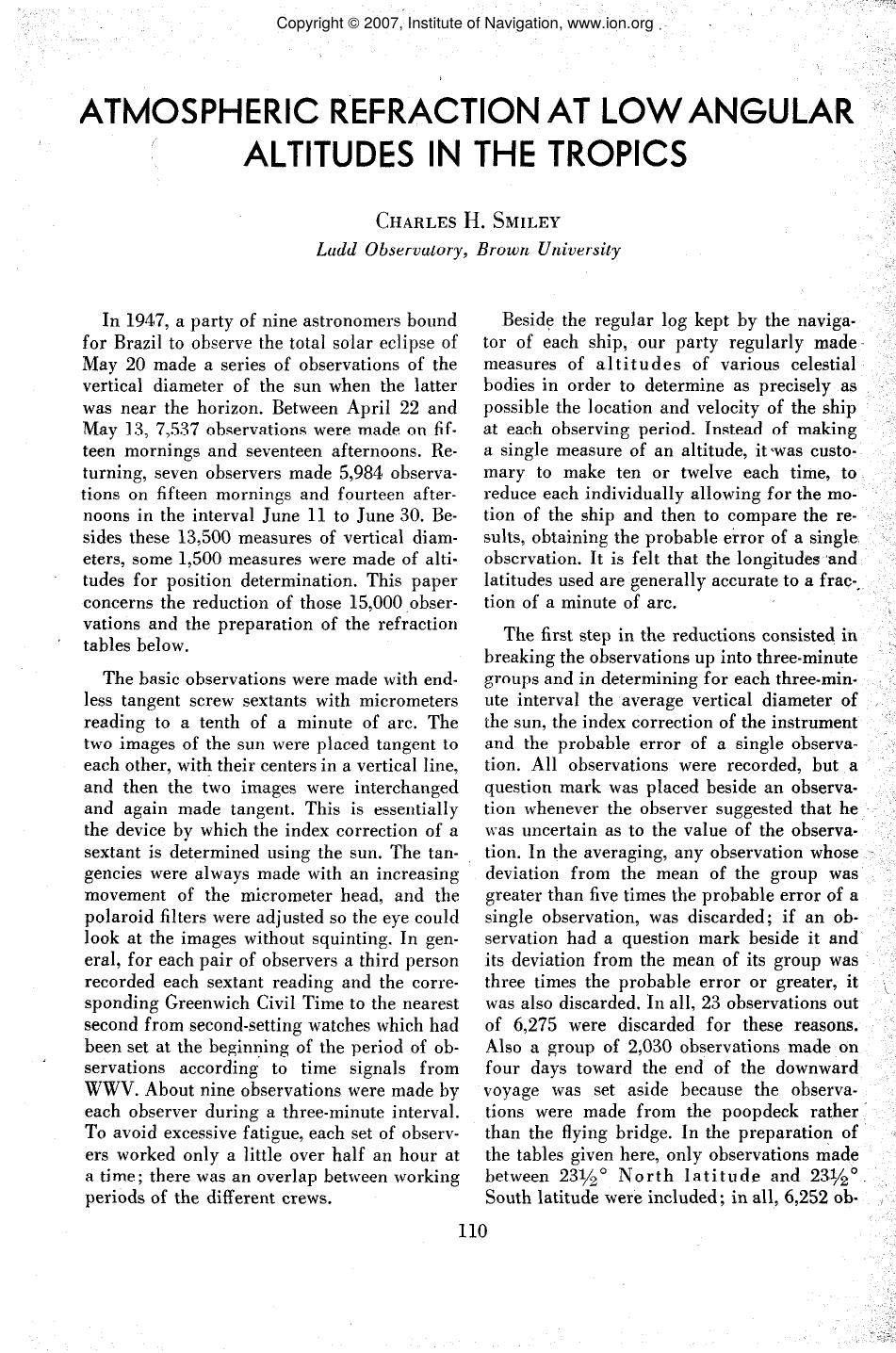 ATMOSPHERIC REFRACTION AT LOW ANGULAR ALTITUDES IN THE TROPICS by CHARLES H. SMILEY