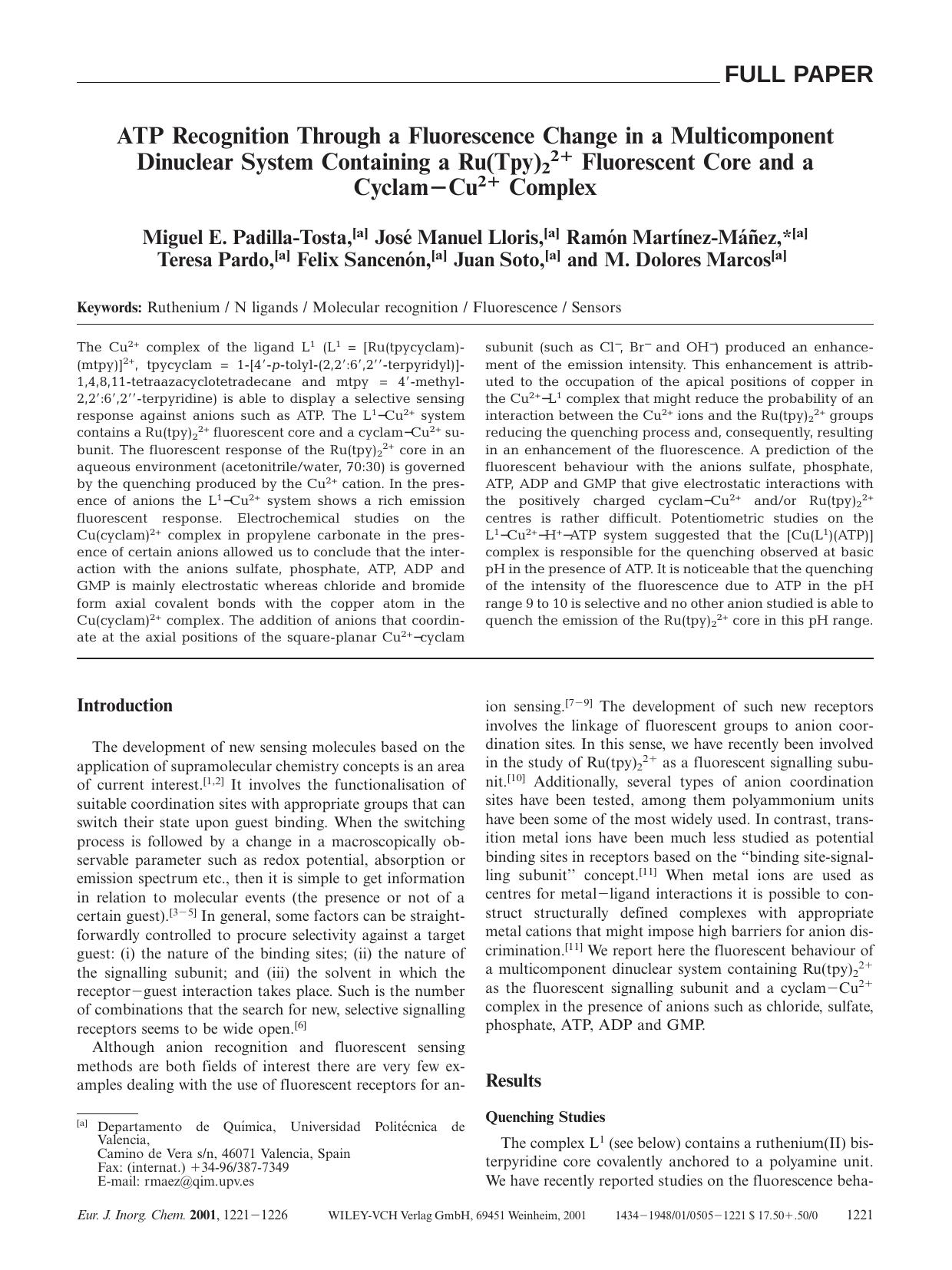 ATP Recognition Through a Fluorescence Change in a Multicomponent Dinuclear System Containing a Ru(Tpy)22+ Fluorescent Core and a Cyclam-Cu2+ Complex by Unknown