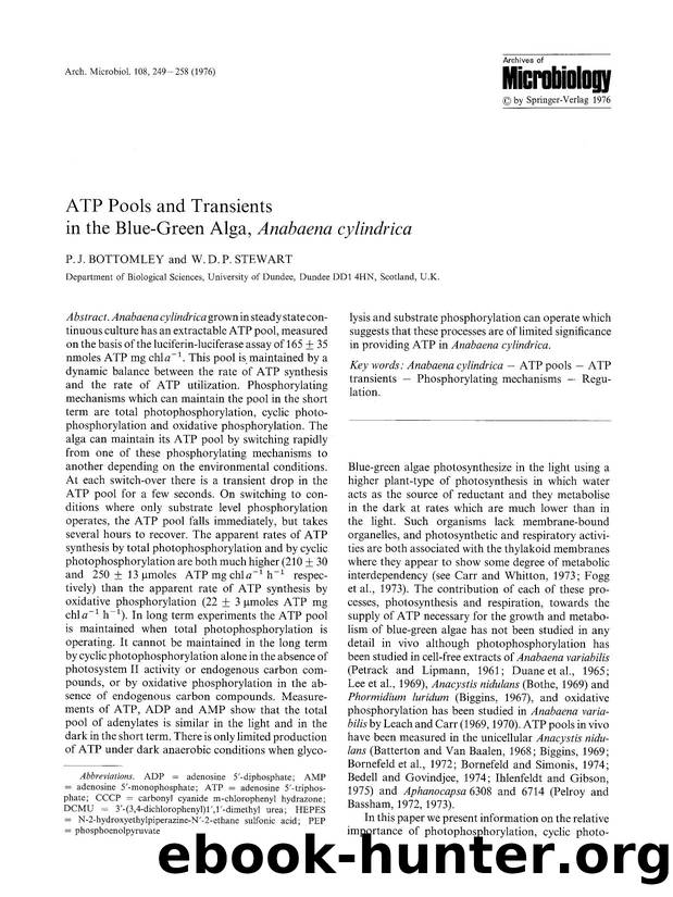 ATP pools and transients in the blue-green alga, <Emphasis Type="Italic">Anabaena cylindrica<Emphasis> by Unknown