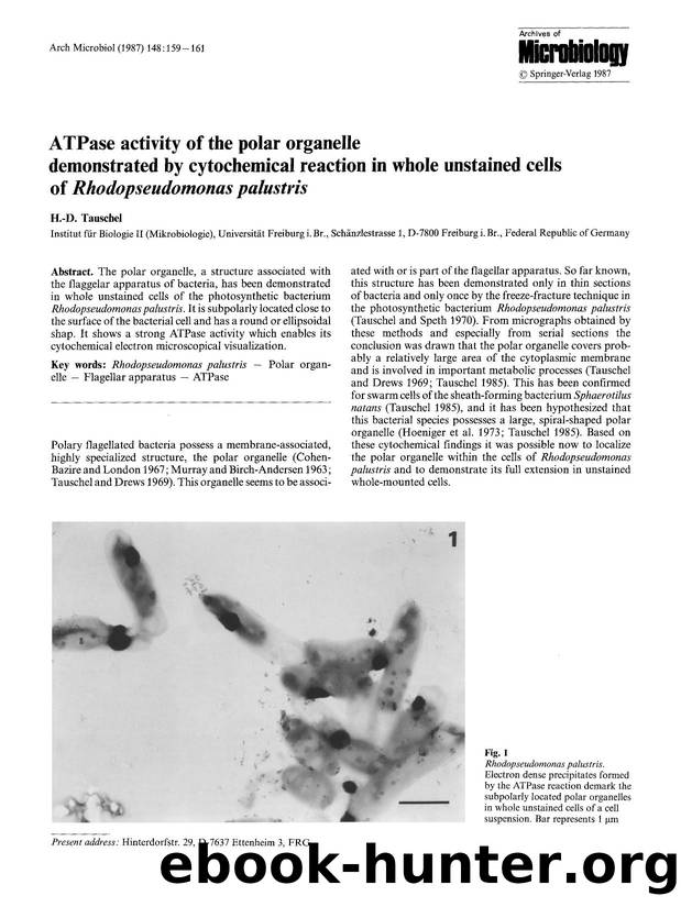 ATPase activity of the polar organelle demonstrated by cytochemical reaction in whole unstained cells of <Emphasis Type="Italic">Rhodopseudomonas palustris<Emphasis> by Unknown