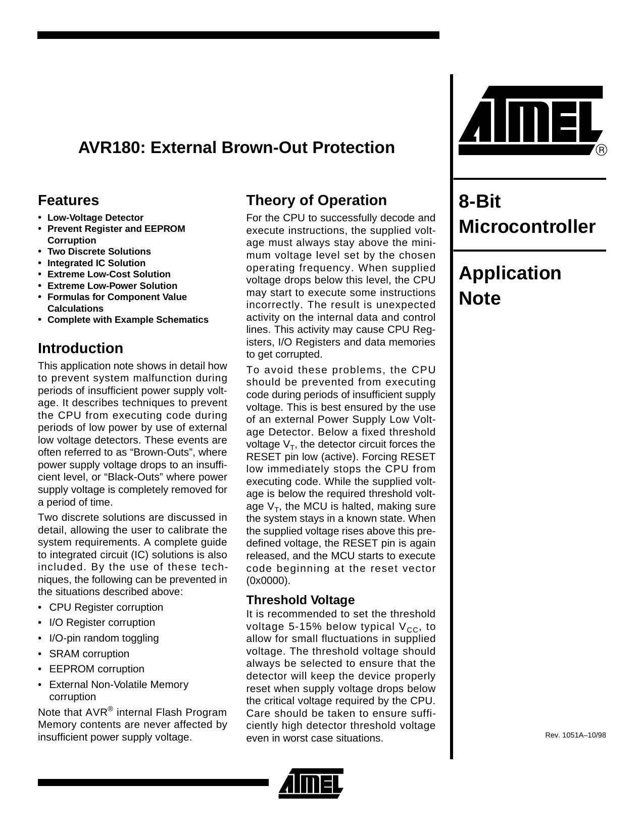AVR180: External Brown-Out Protection Application Note by Unknown