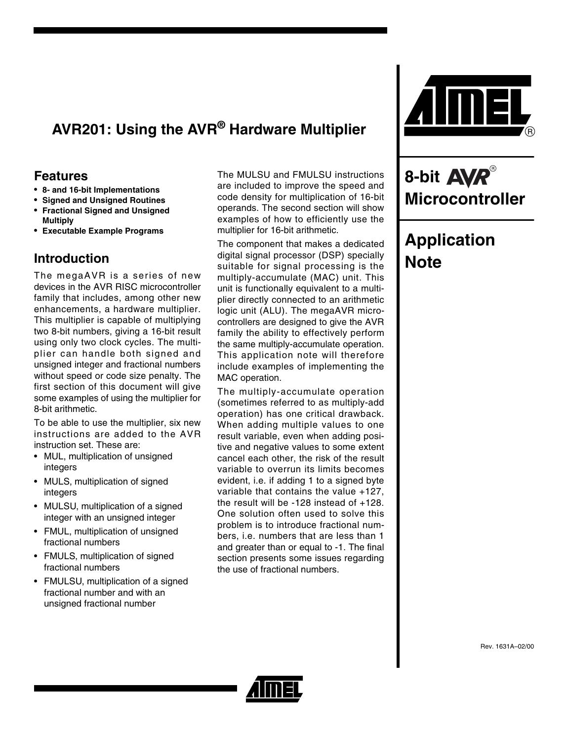 AVR201: Using the AVR Hardware Multiplier by Atmel Corporation