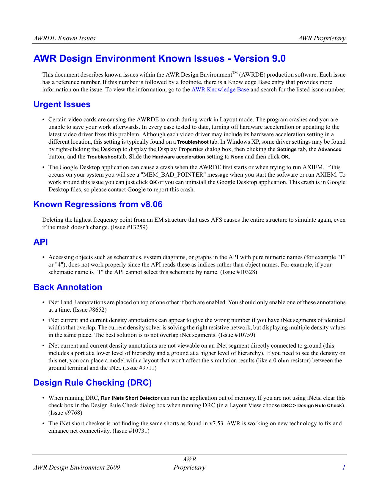 AWR Design Environment Known Issues - Version 9.0 by Unknown