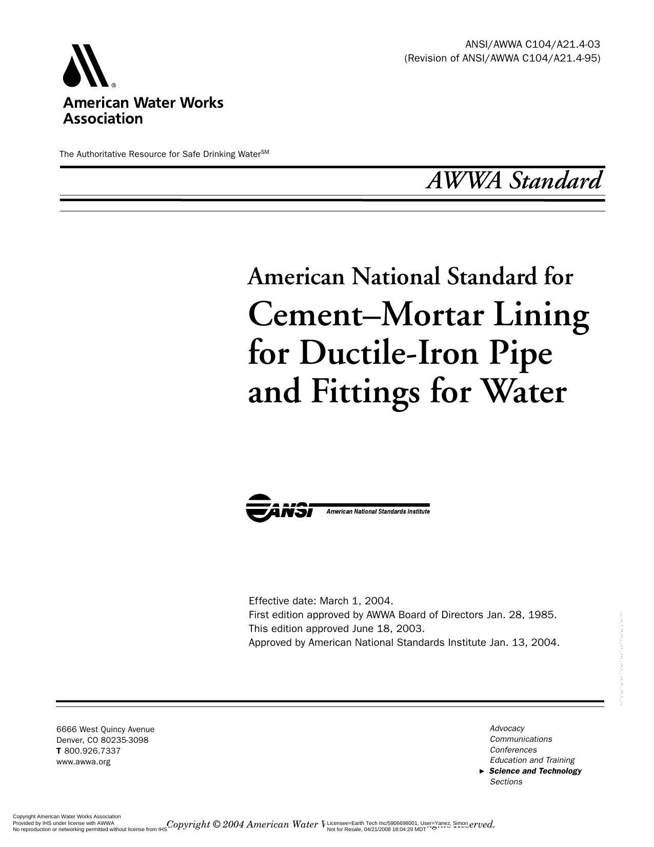 AWWA standard : cement-mortar lining for ductile-iron pipe and fittings by American National Standards Institute.; American Water Works Association