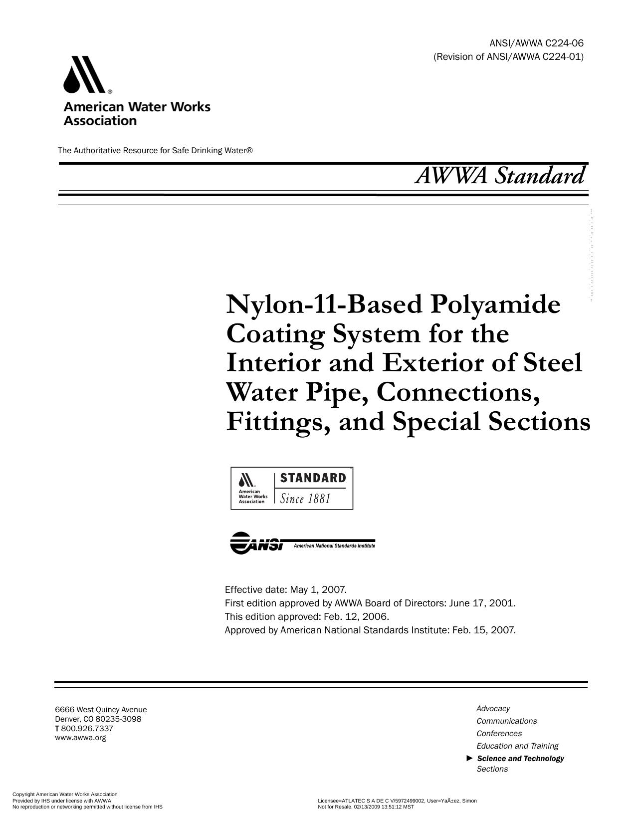 AWWA standard : nylon-11-based polyamide coating system for the interior and exterior of steel water pipe, connections, fittings, and special sections by American Water Works Association.; American National Standards Institute