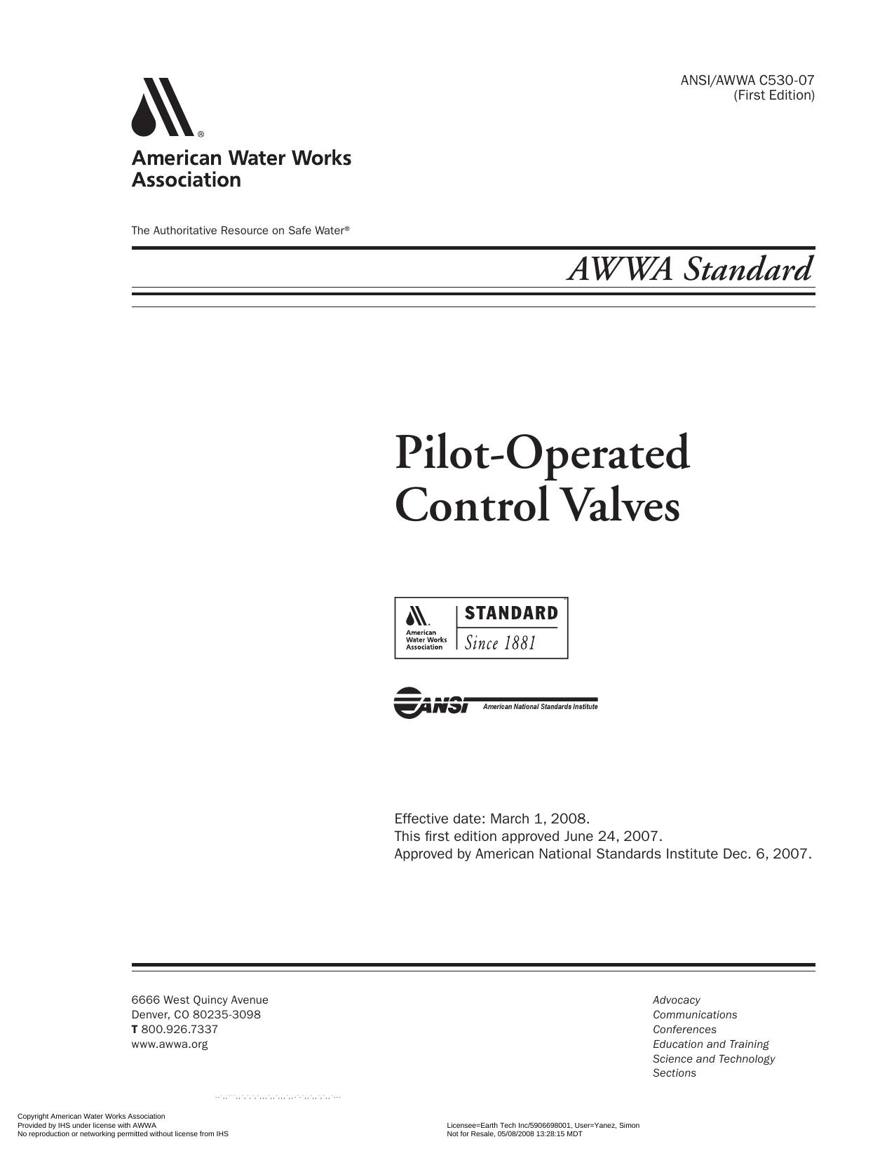 AWWA standard [for] pilot-operated control valves by American Water Works Association.; American National Standards Institute