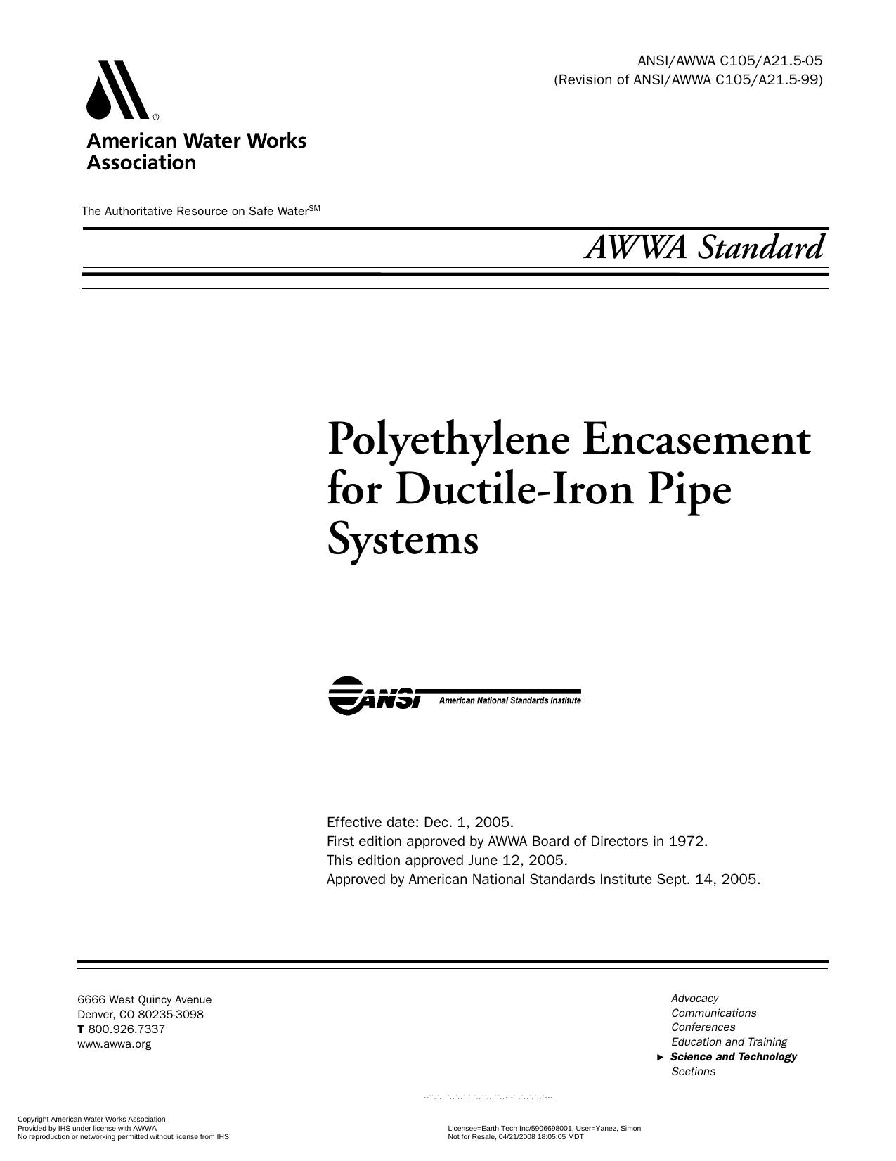 AWWA standard [for] polyethylene encasement for ductile-iron pipe systems by American National Standards Institute.; American Water Works Association