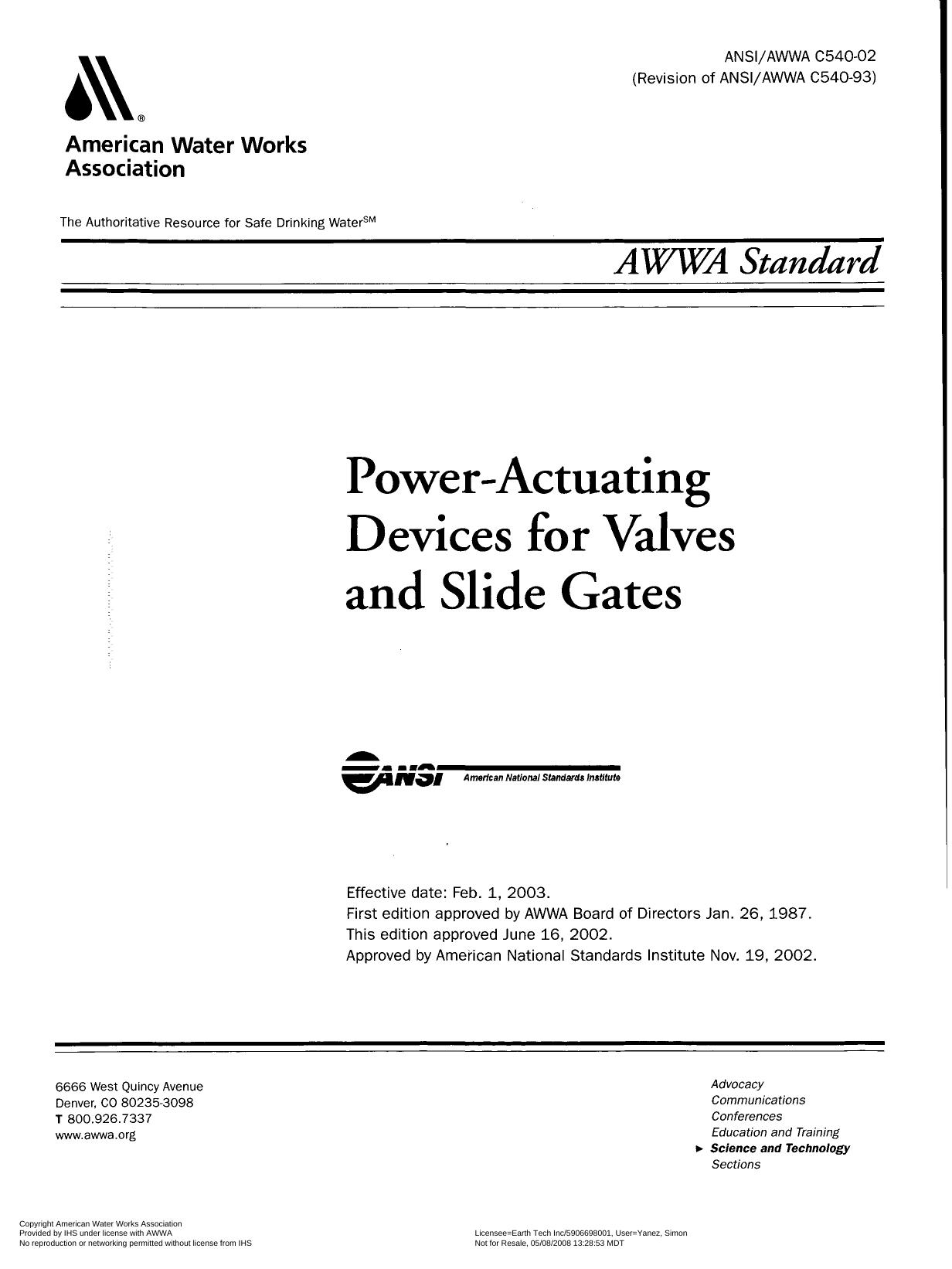 AWWA standard [for] power-actuating devices for valves and slide gates by American National Standards Institute.; American Water Works Association