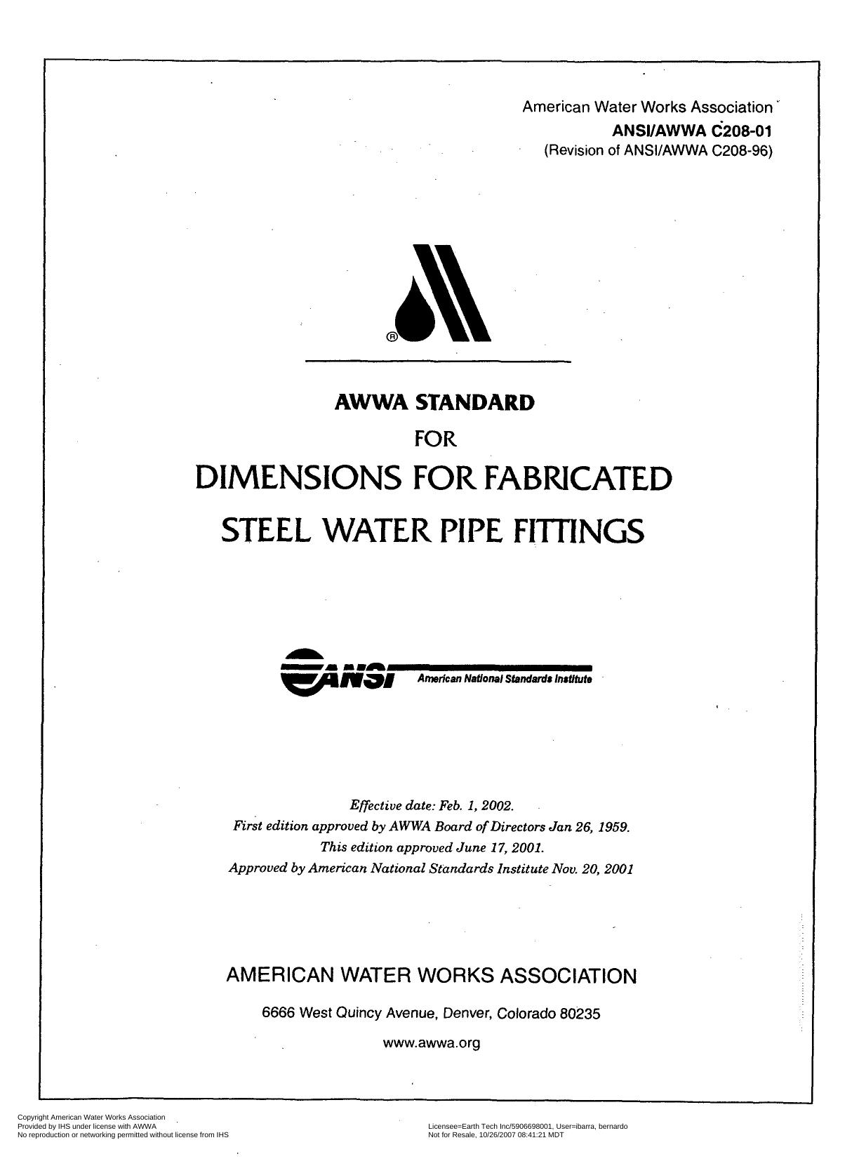 AWWA standard for dimensions for fabricated steel water pipe fittings by American Water Works Association.; American National Standards Institute