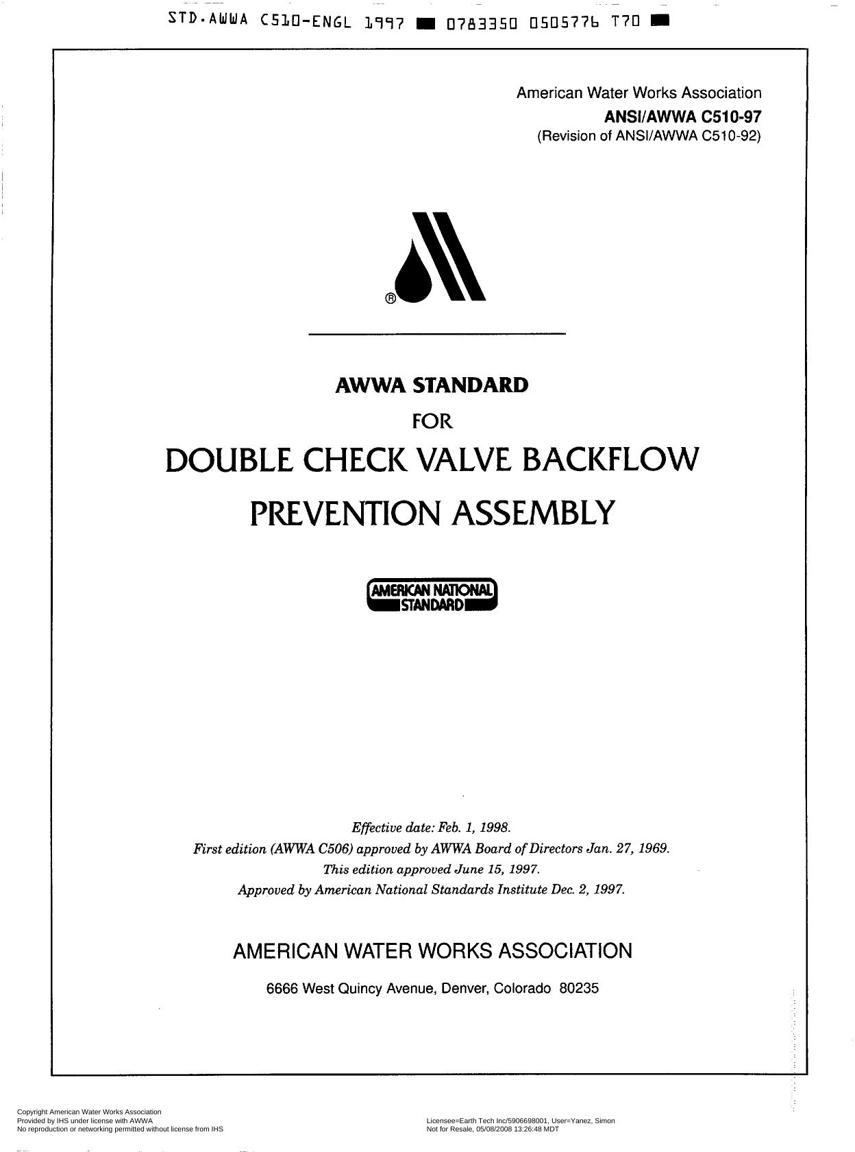 AWWA standard for double check valve backflow-prevention assembly by American Water Works Association.; American National Standards Institute