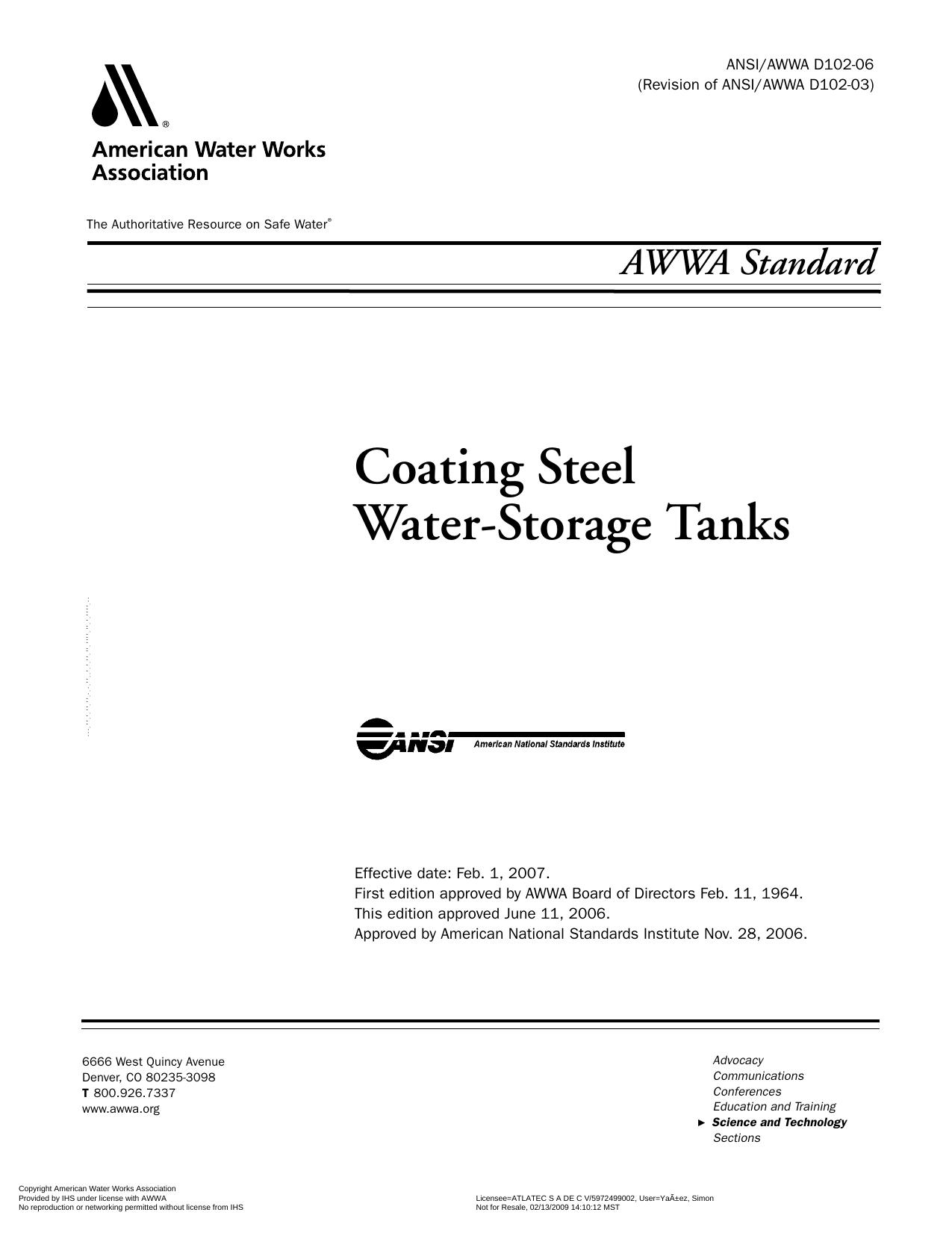 AWWA standard for painting steel water-storage tanks by American Water Works Association.; American National Standards Institute