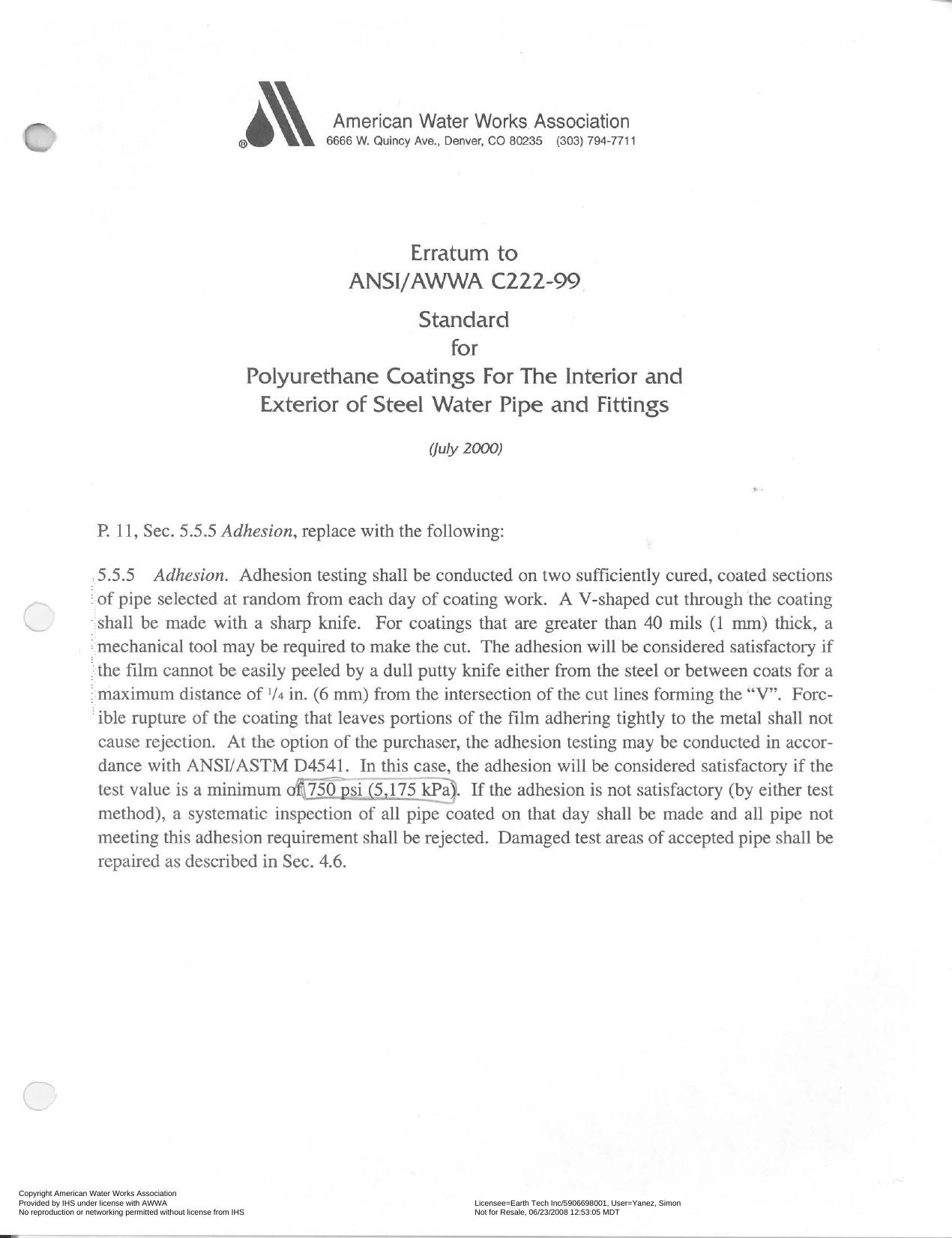 AWWA standard for polyurethane coatings for the interior and exterior of steel water pipe and fittings by American Water Works Association.; American National Standards Institute