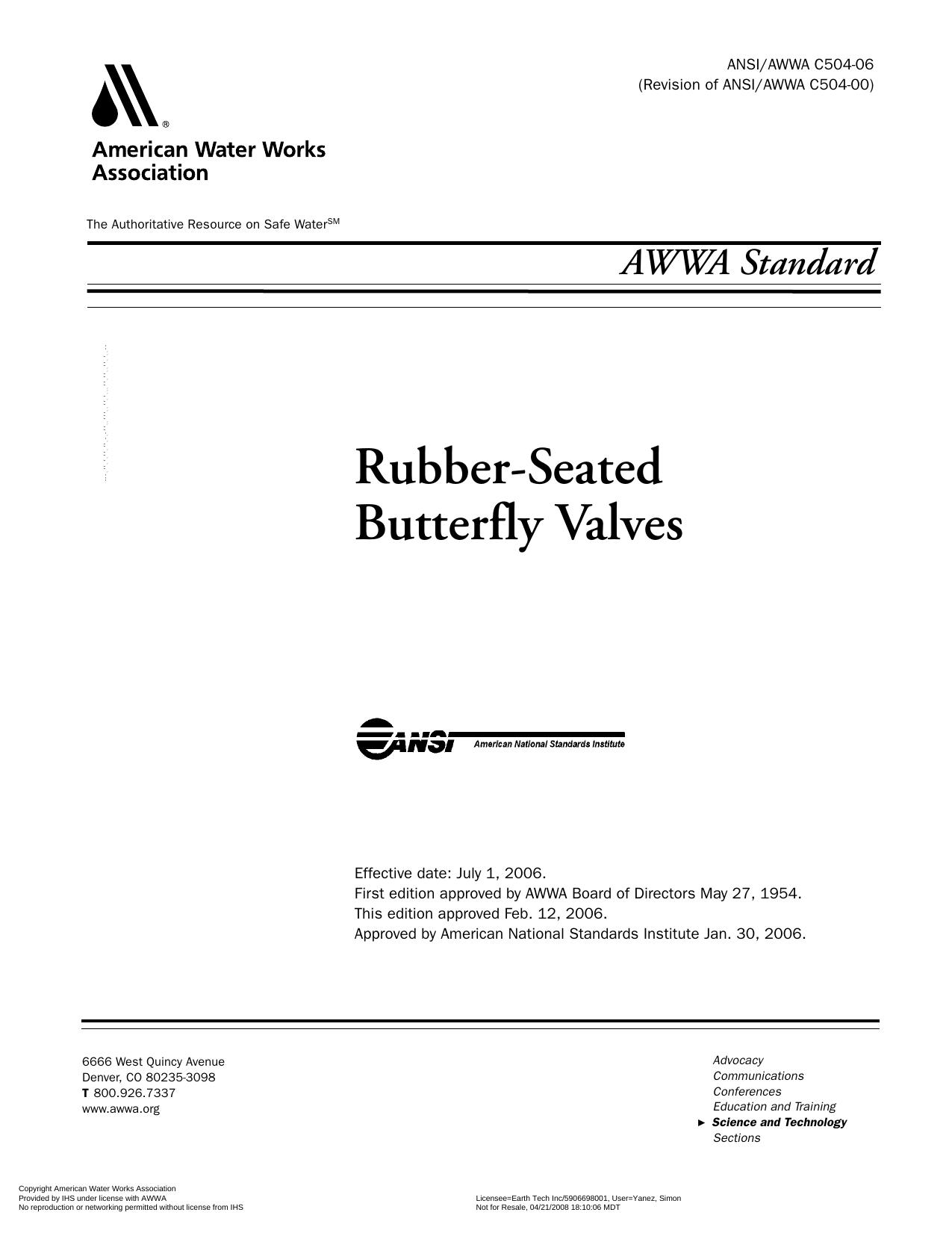 AWWA standard for rubber-seated butterfly valves by American Water Works Association.; American National Standards Institute