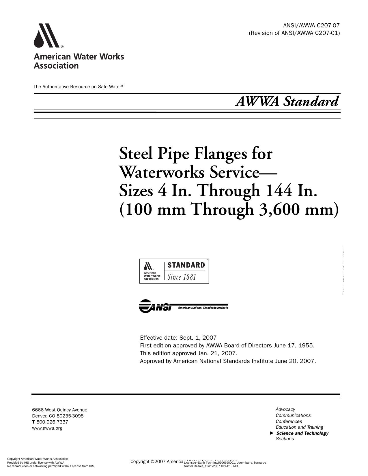AWWA standard for steel pipe flanges for waterworks service-sizes 4 in. through 144 in by American National Standards Institute.; American Water Works Association