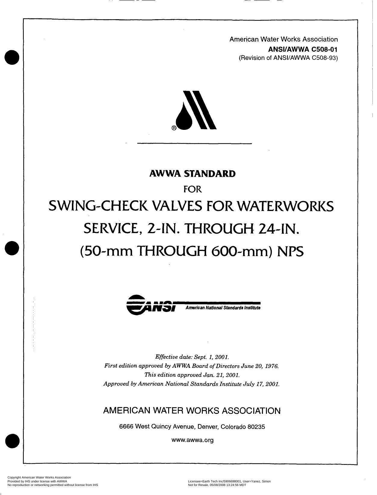 AWWA standard for swing-check valves for waterworks service, 2 in. through 24 in. NPS by American Water Works Association.; American National Standards Institute