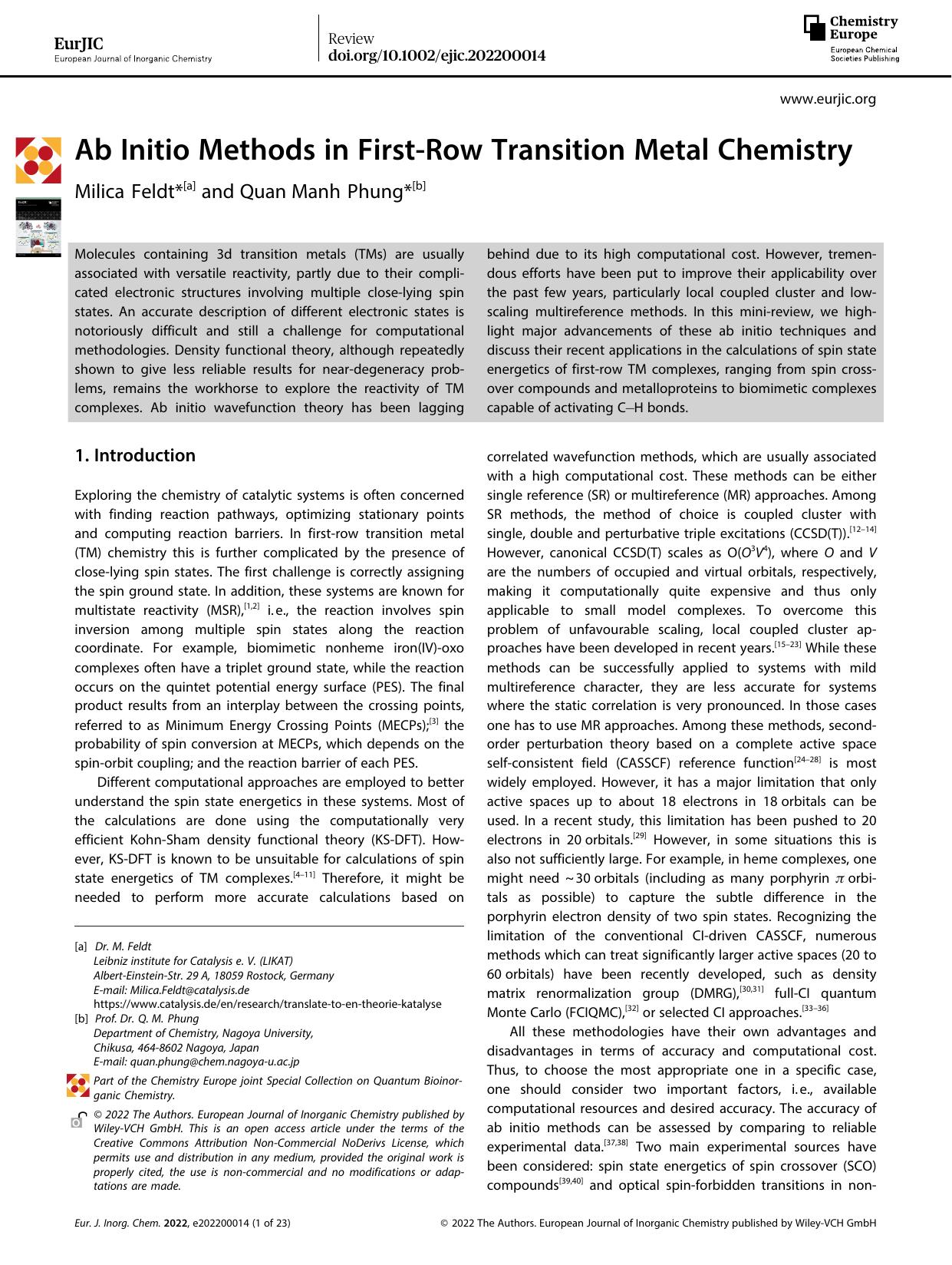 Ab Initio Methods in FirstâRow Transition Metal Chemistry by Unknown