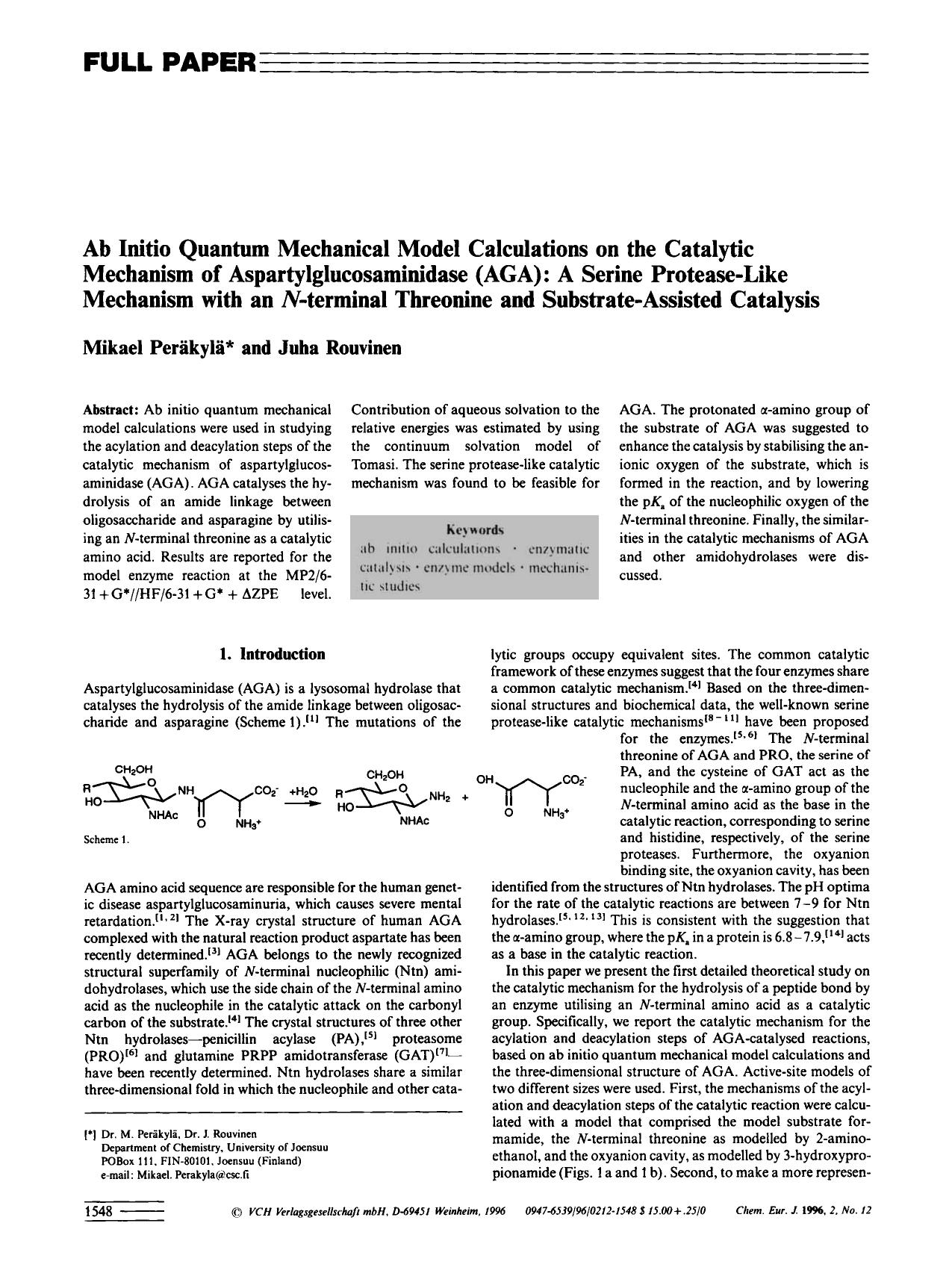 Ab Initio Quantum Mechanical Model Calculations on the Catalytic Mechanism of Aspartylglucosaminidase (AGA): A Serine Protease-Like Mechanism with an N-terminal Threonine and Subst by Unknown