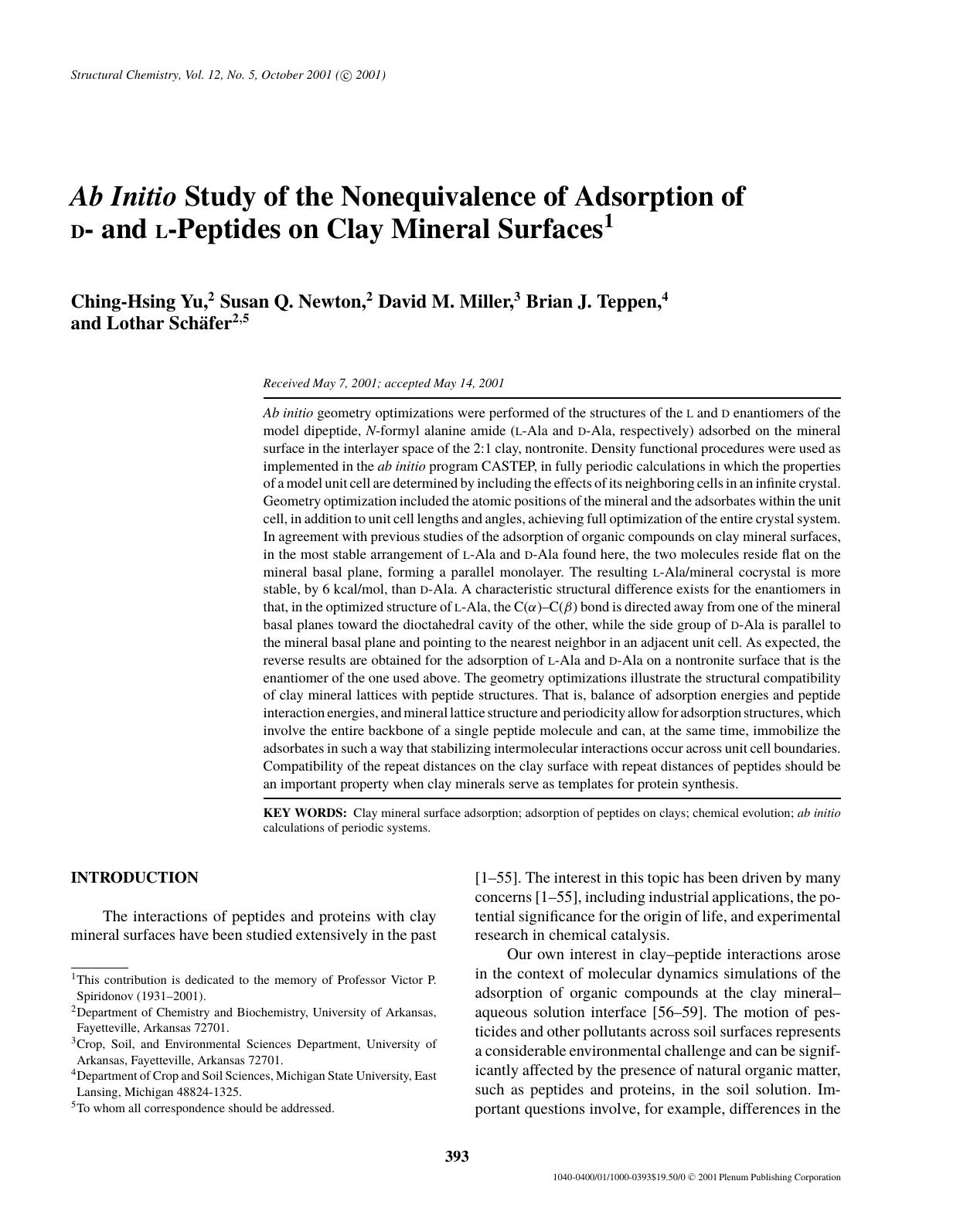 Ab Initio Study of the Nonequivalence of Adsorption of D- and L-Peptides on Clay Mineral Surfaces by Unknown