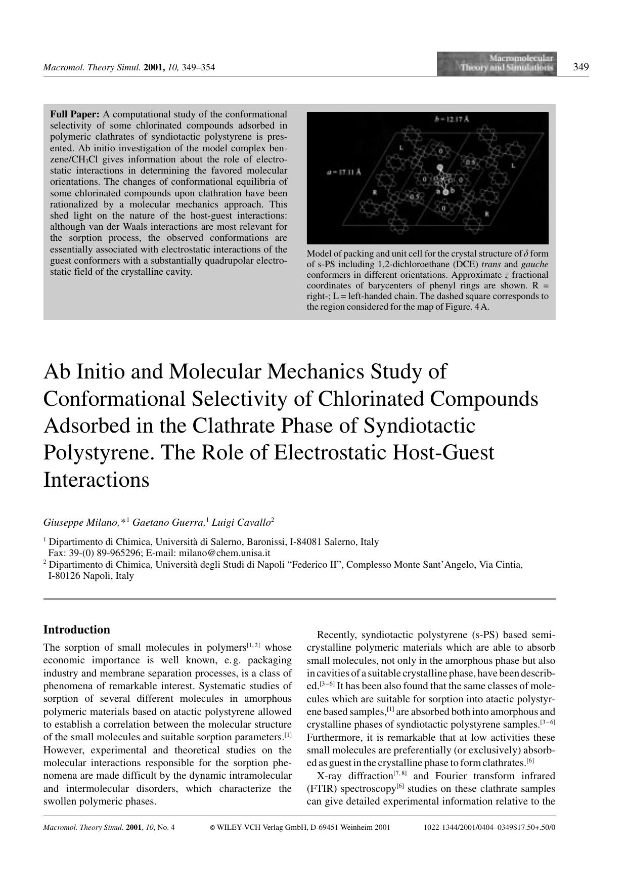 Ab Initio and Molecular Mechanics Study of Conformational Selectivity of Chlorinated Compounds Adsorbed in the Clathrate Phase of Syndiotactic Polystyrene. The Role of Electrostati by Unknown