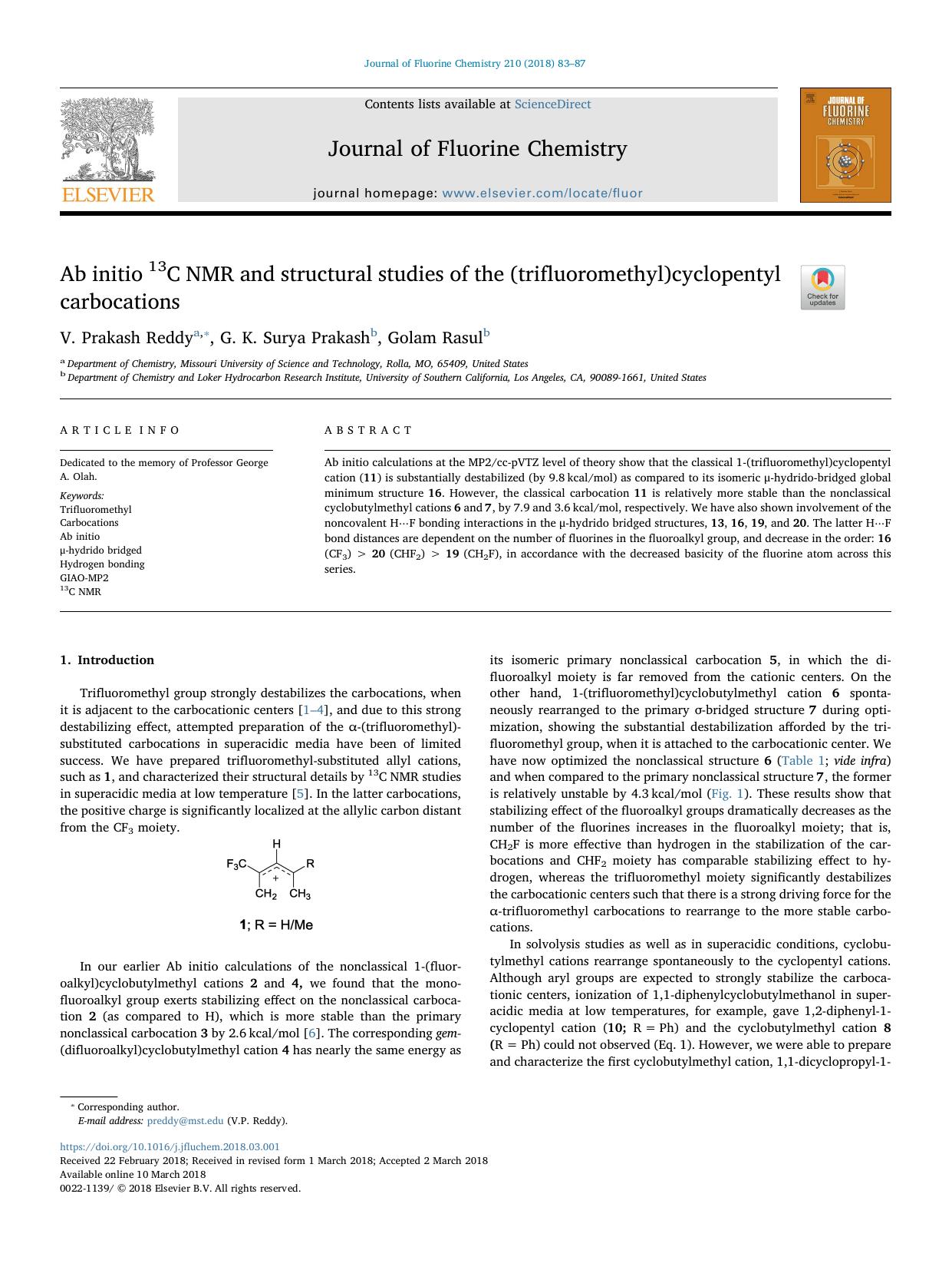 Ab initio 13C NMR and structural studies of the (trifluoromethyl)cyclopentyl carbocations by V. Prakash Reddy & G. K. Surya Prakash & Golam Rasul